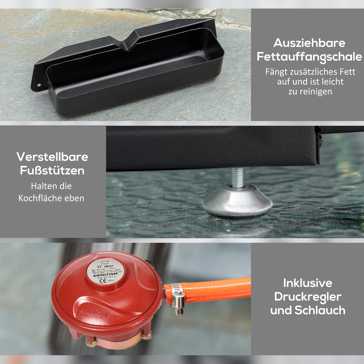 Gasgrill mit 3 rostfreien Brennern, Druckminderer