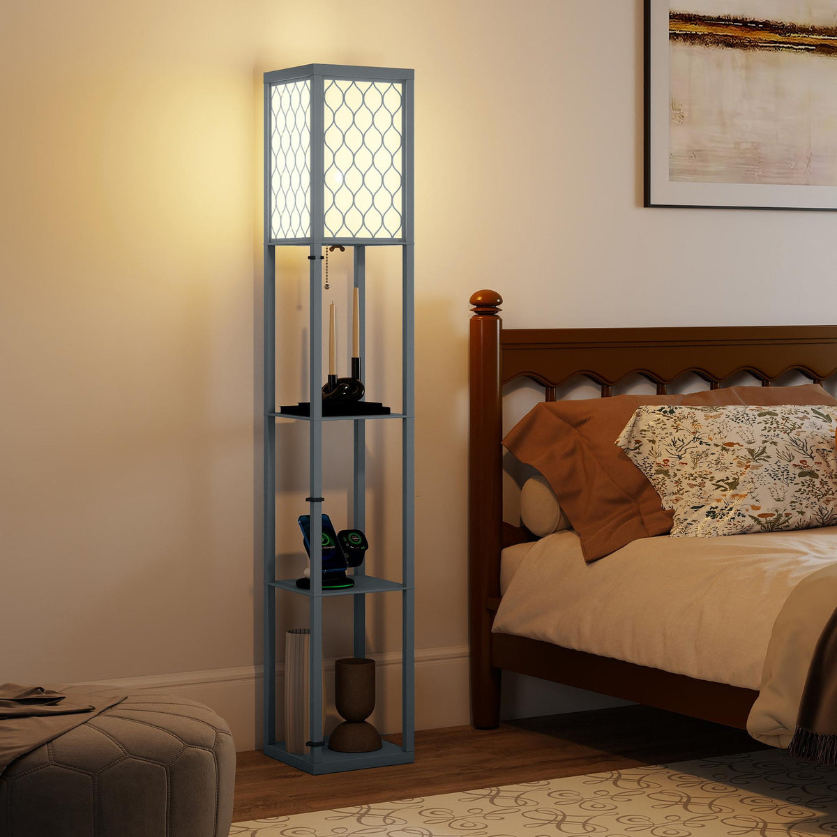 Vloerlamp met planken, 3 niveaus, compact MDF, lichtgrijs