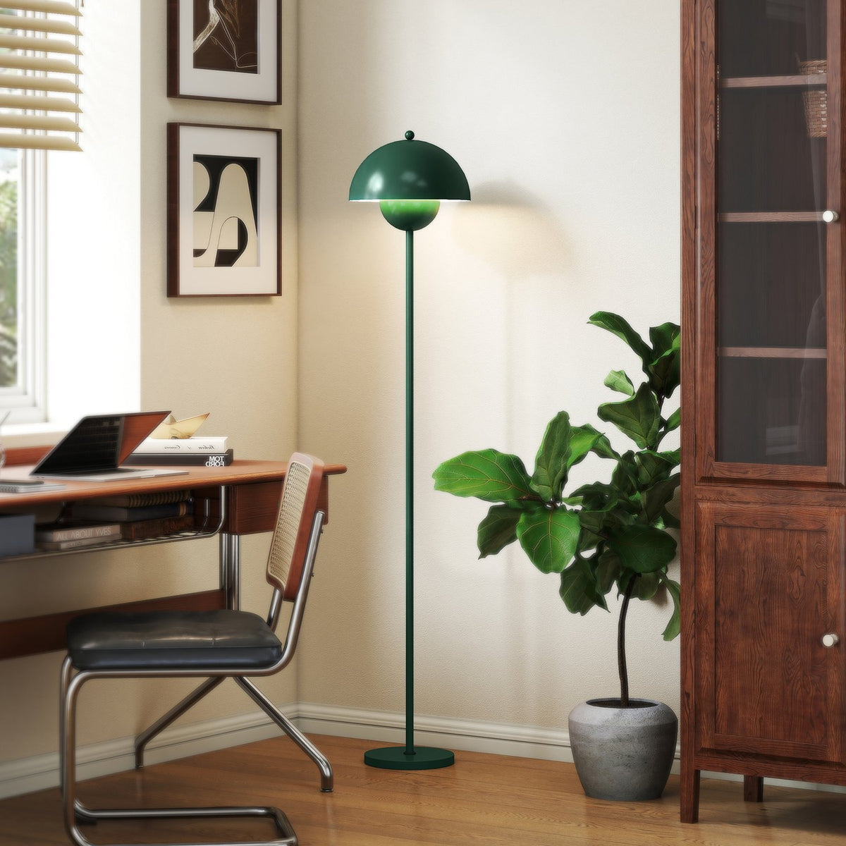 Vloerlamp met ronde lampenkap, voetschakelaar, lange kabel, groen