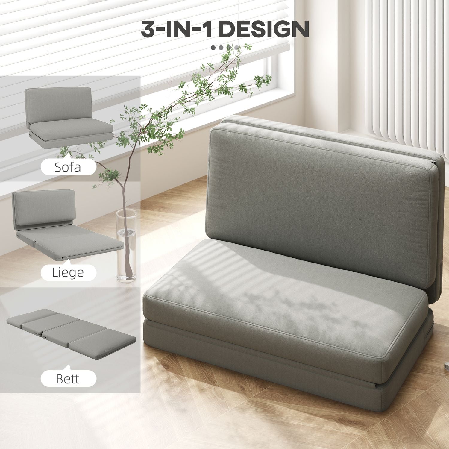 Vloerbank, 3-in-1, fluweellook, draagvermogen 240 kg, lichtgrijs