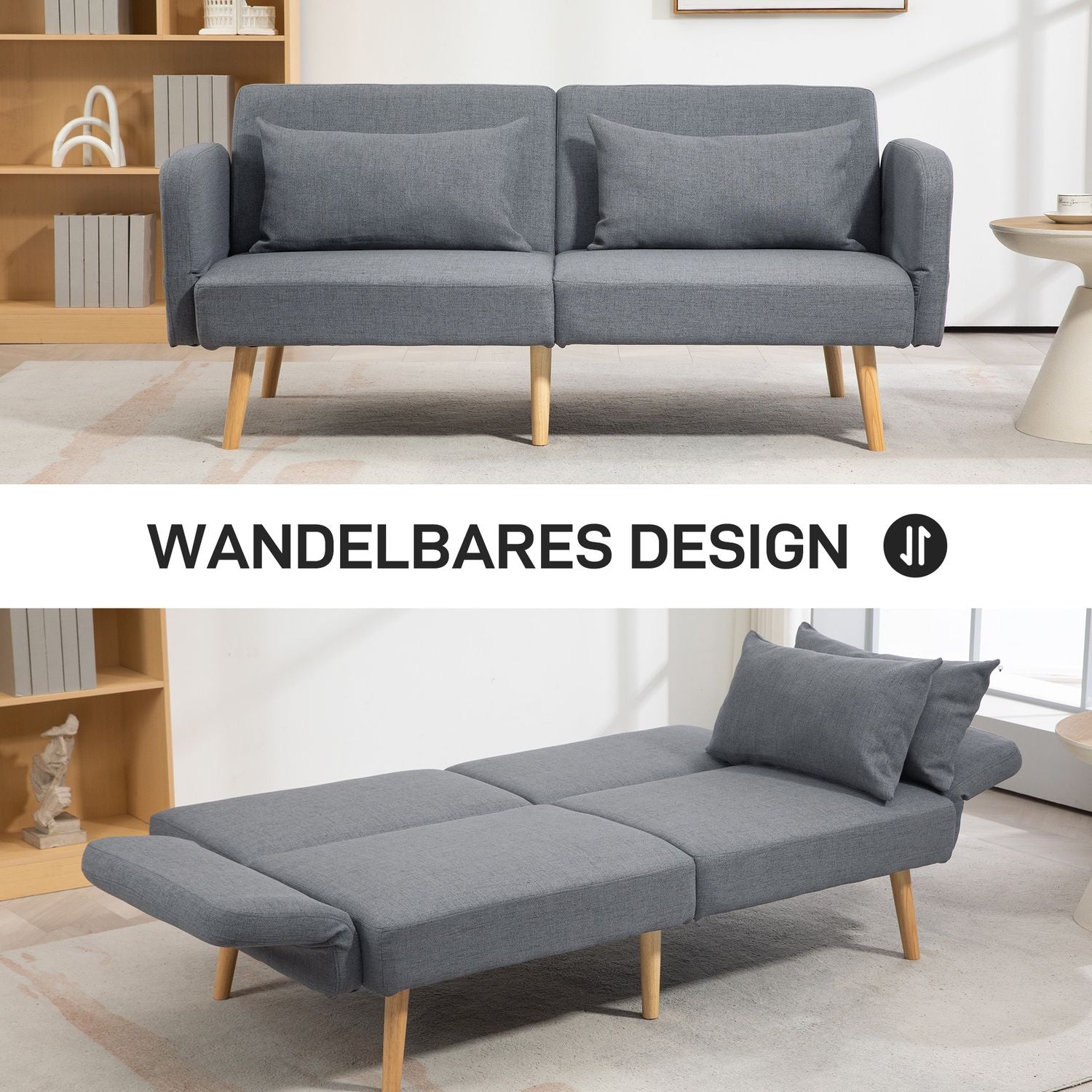 Grå 3-sits bäddsoffa, justerbar rygg, linnelook