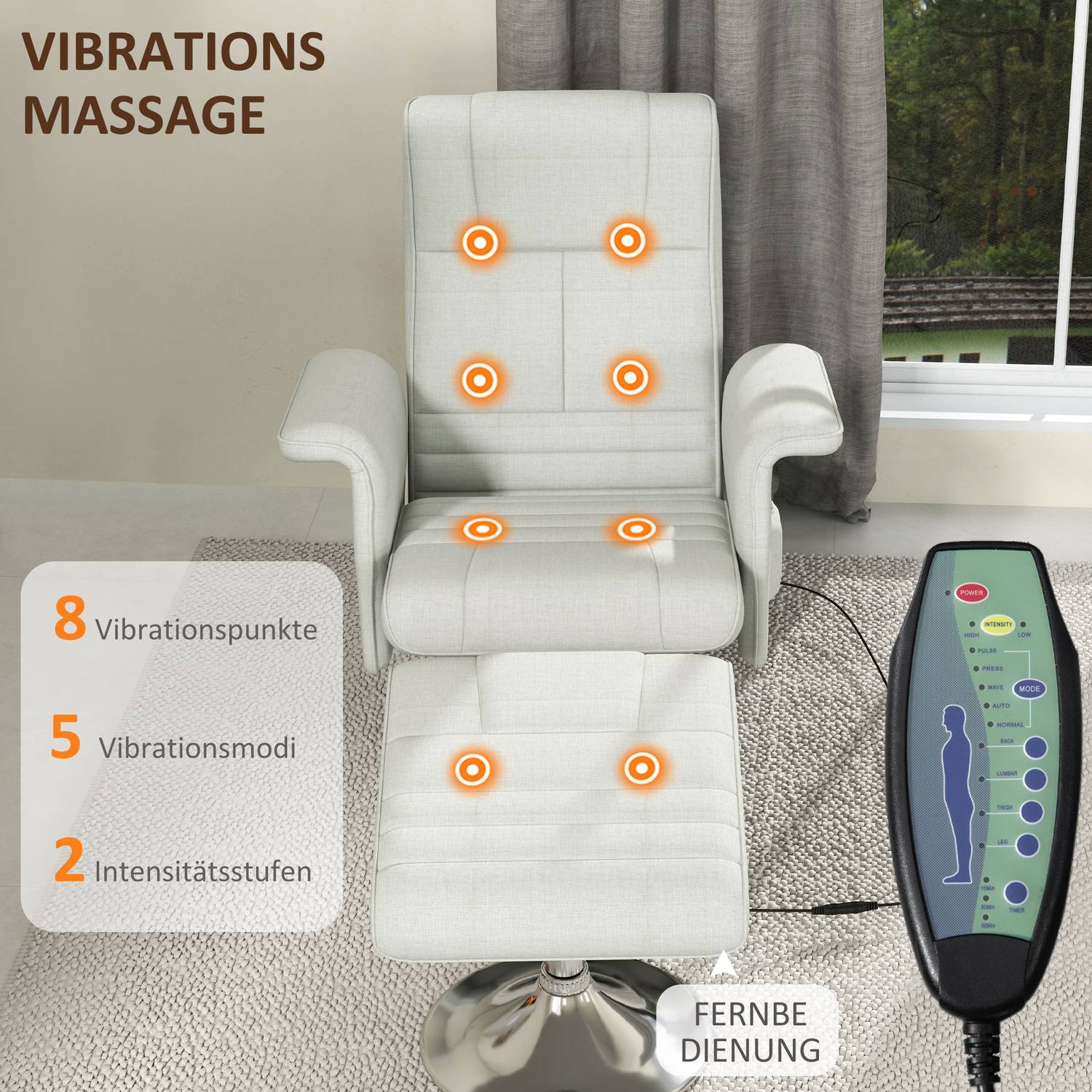 Crèmewitte liggende massagestoel met voetenbank, 8-puntsvibratie