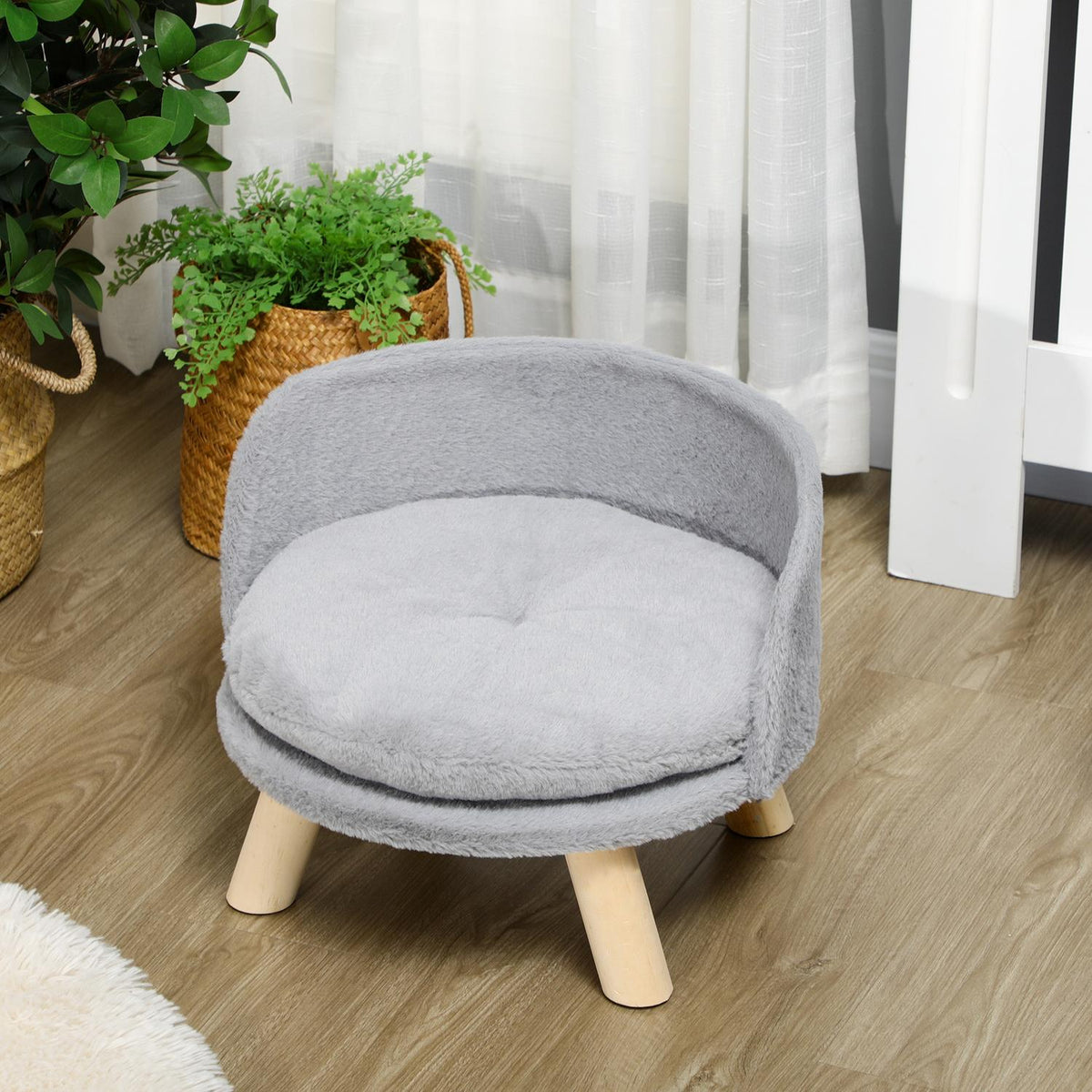 Grijze honden- en kattenmand met antislip houten poten, 40,5 cm