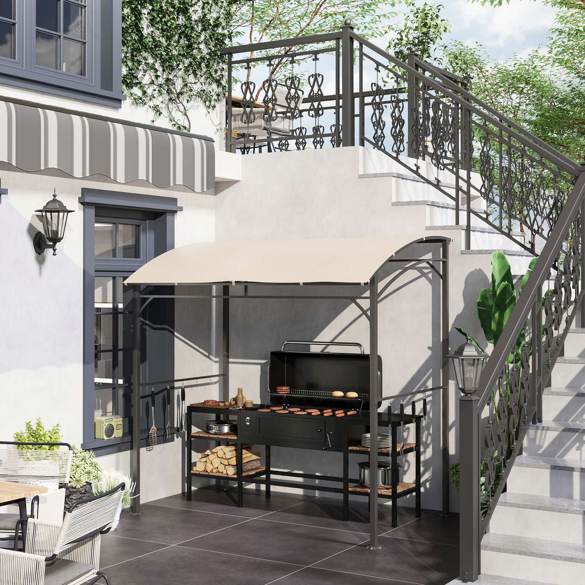 Grilloverkapping met UV-bestendig regenzeil, beige stalen frame