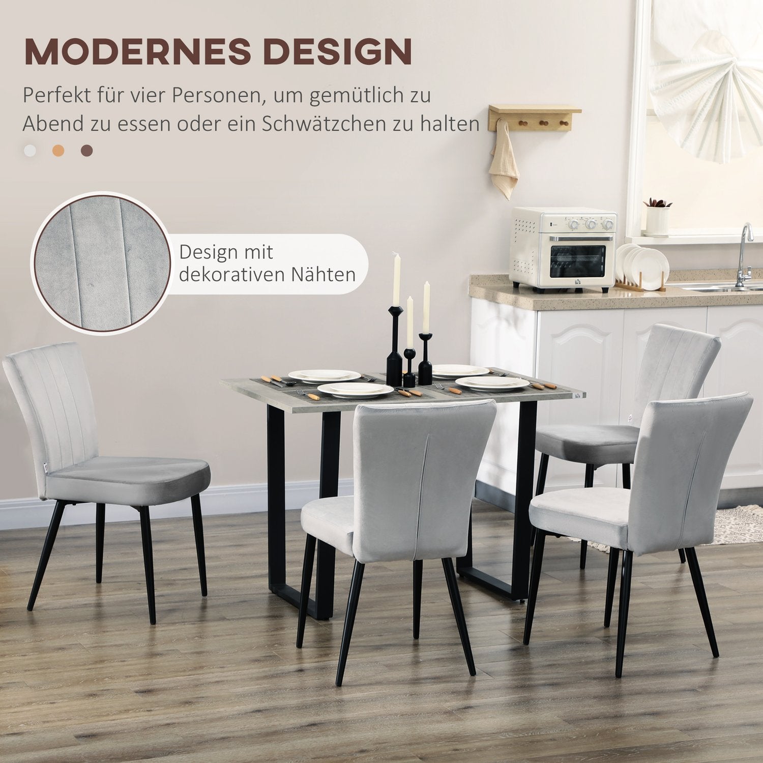 Grijze fluwelen eetkamerstoelen, set van 4 – Stalen frame, 46x65x87 cm