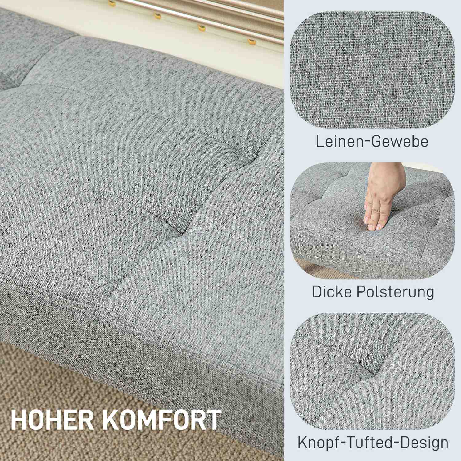 Grijze gestoffeerde bank met knopen, 120x41x43 cm