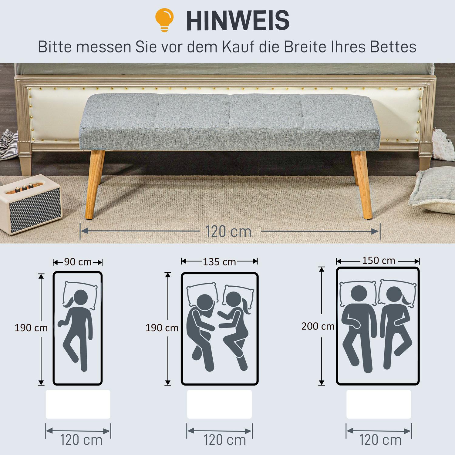 Grijze gestoffeerde bank met knopen, 120x41x43 cm