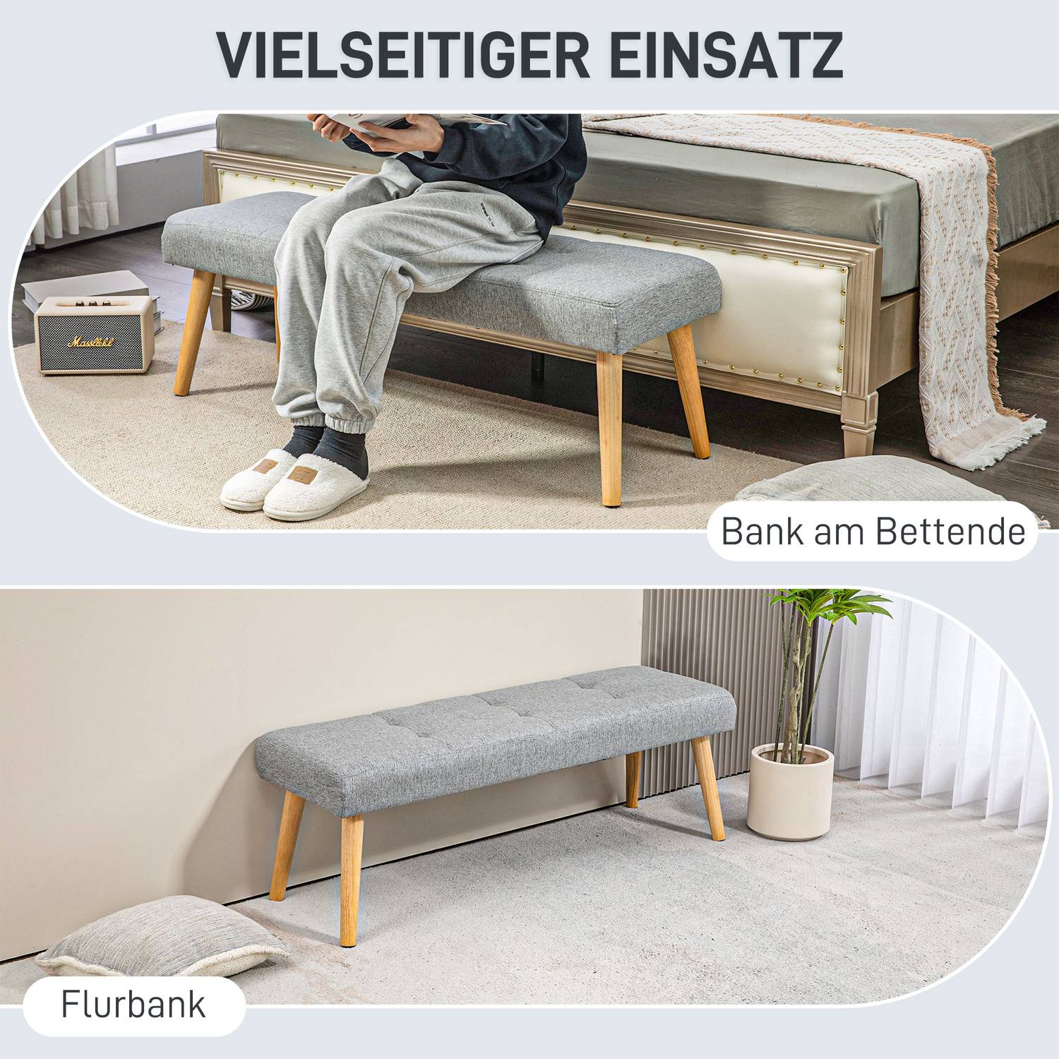 Grijze gestoffeerde bank met knopen, 120x41x43 cm