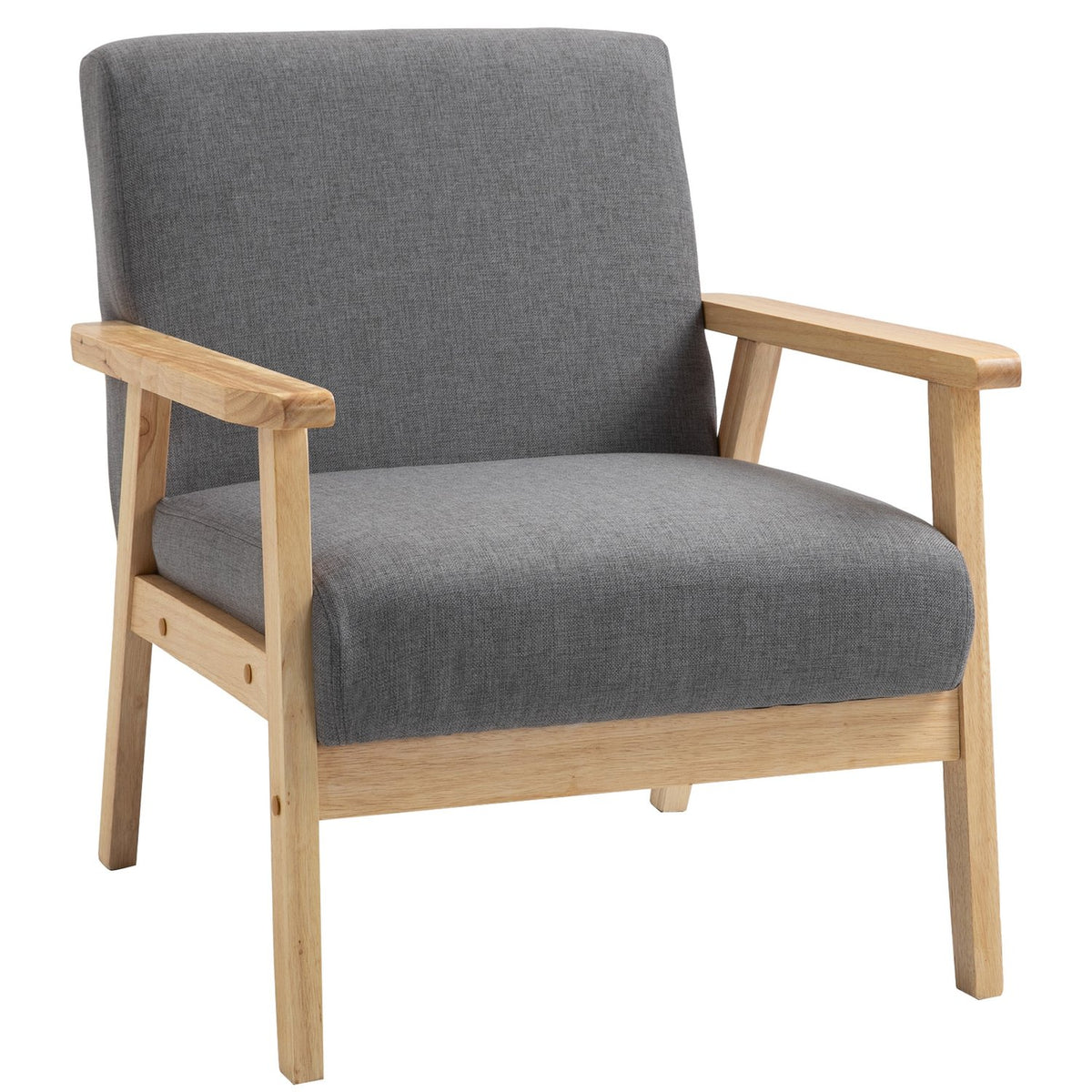 Grijze gestoffeerde oorfauteuil – massief hout, linnen afwerking
