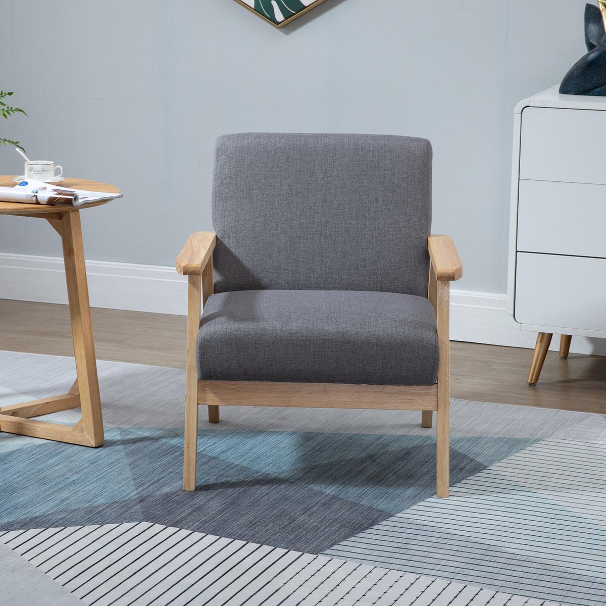 Grijze gestoffeerde oorfauteuil – massief hout, linnen afwerking