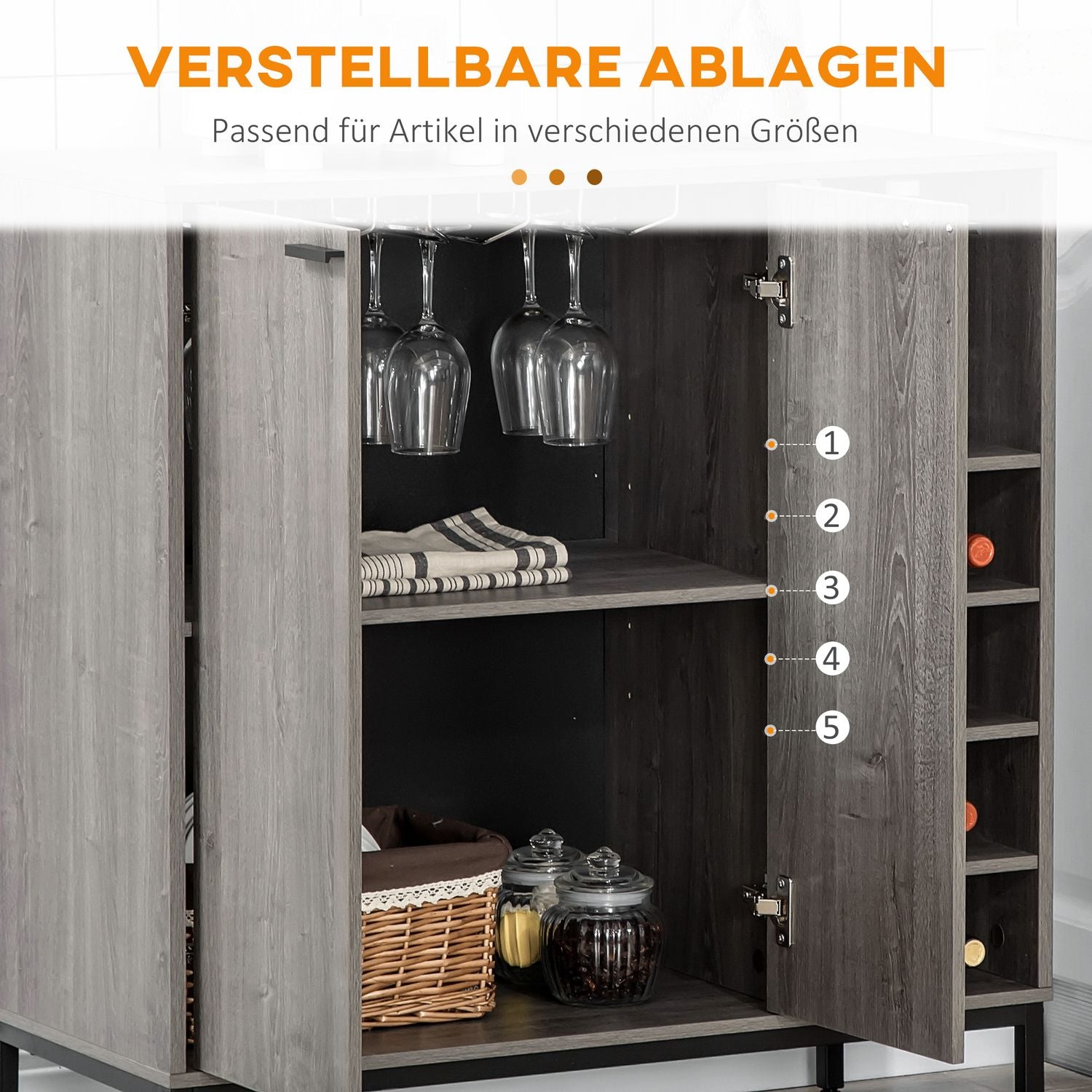 Grijs dressoir met wijnrek, verstelbare planken