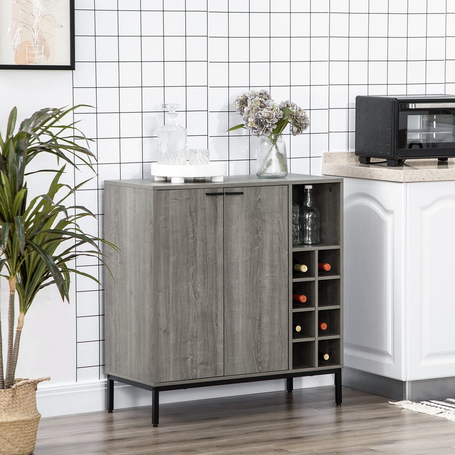 Grijs dressoir met wijnrek, verstelbare planken