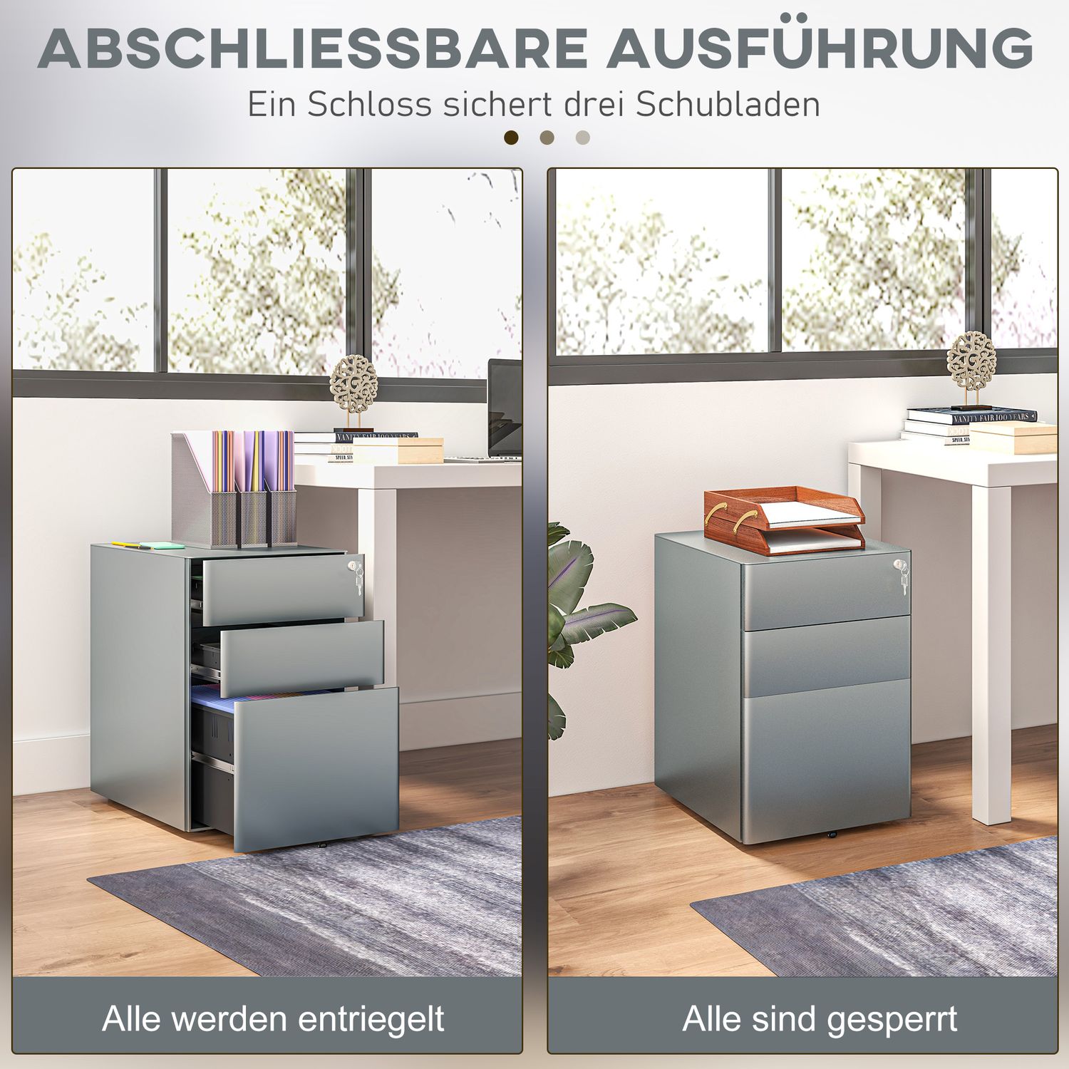 Grijze verrijdbare archiefkast met afsluitbare laden