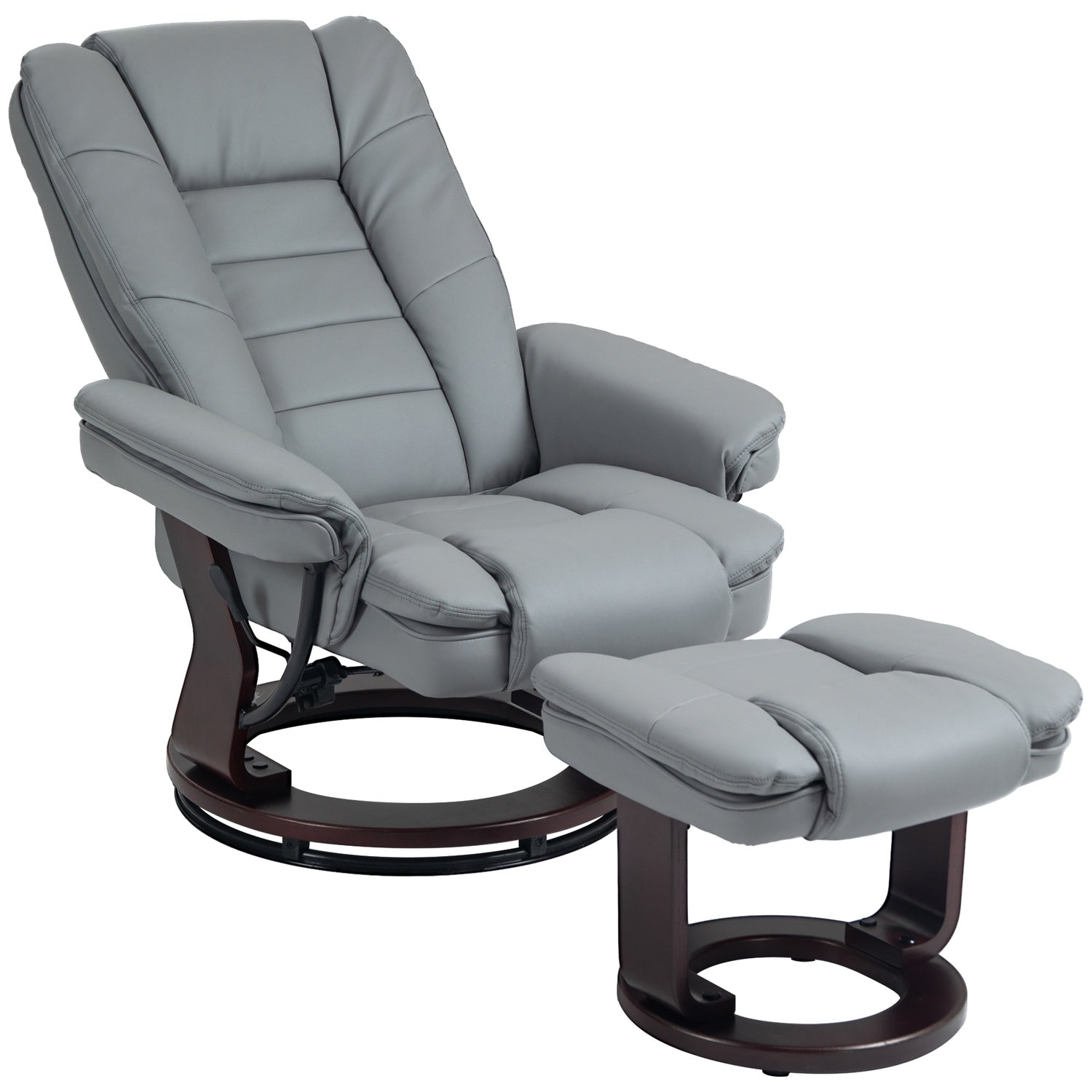 Grauer Relaxsessel mit Hocker, 360° drehbar, Kunstleder