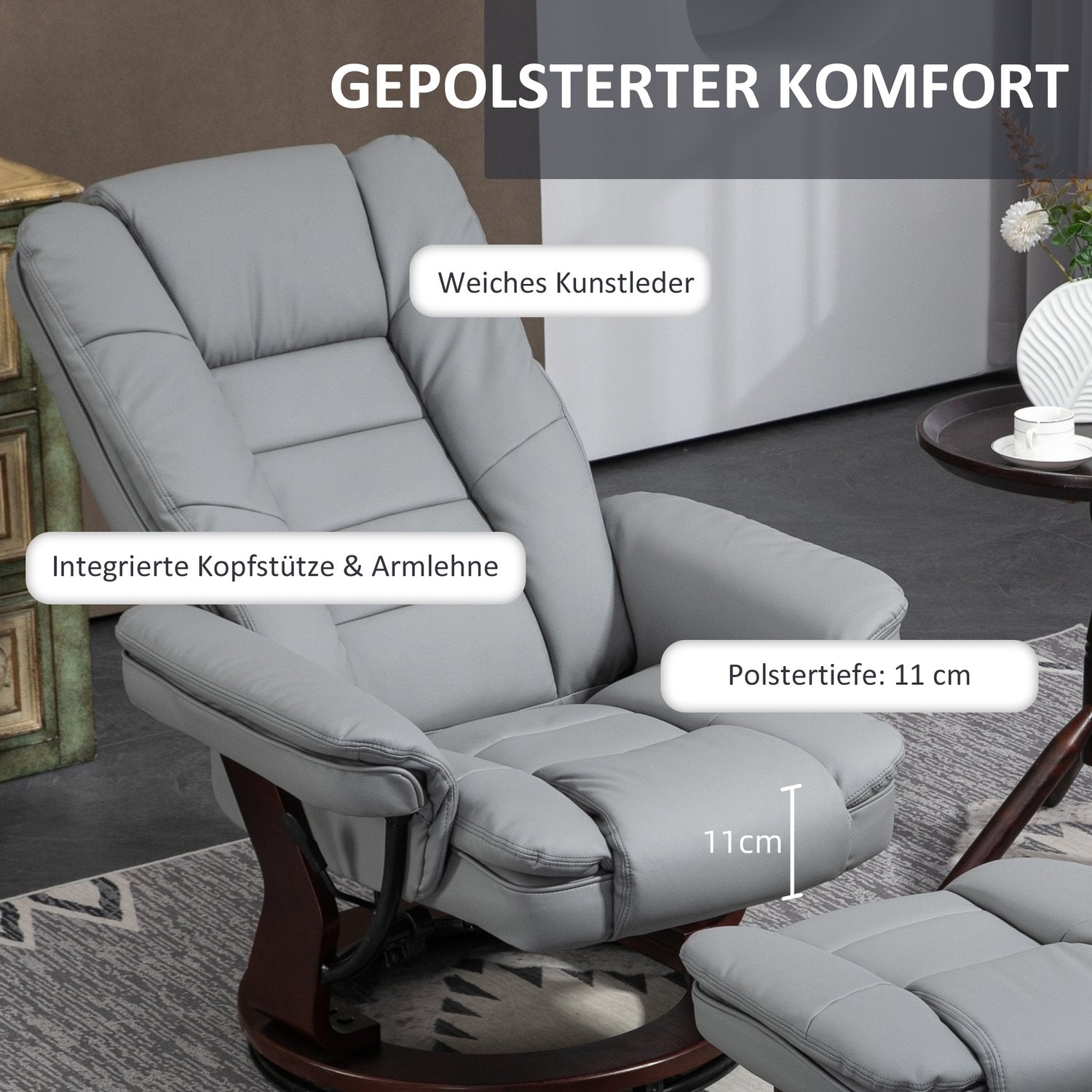 Grauer Relaxsessel mit Hocker, 360° drehbar, Kunstleder