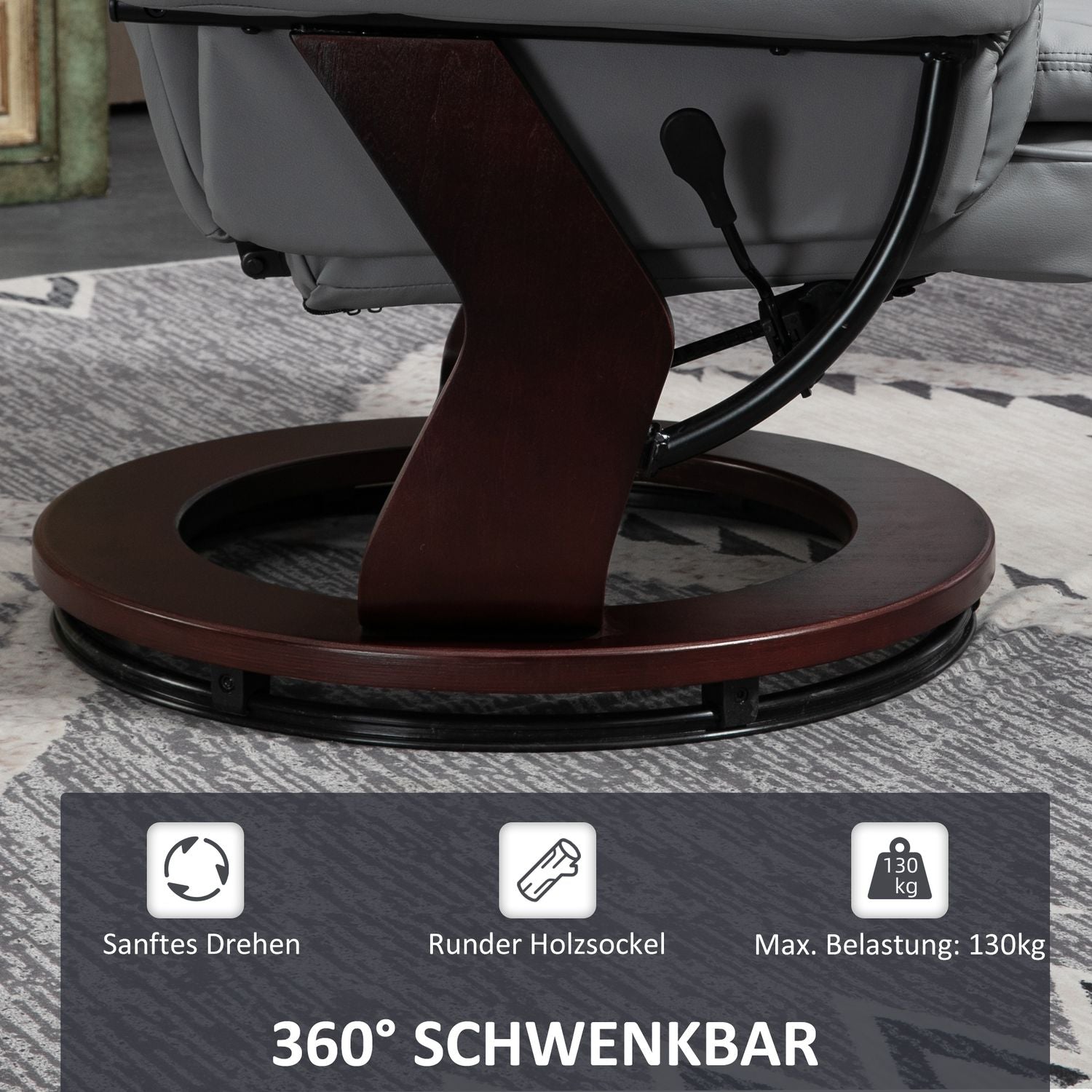 Grauer Relaxsessel mit Hocker, 360° drehbar, Kunstleder