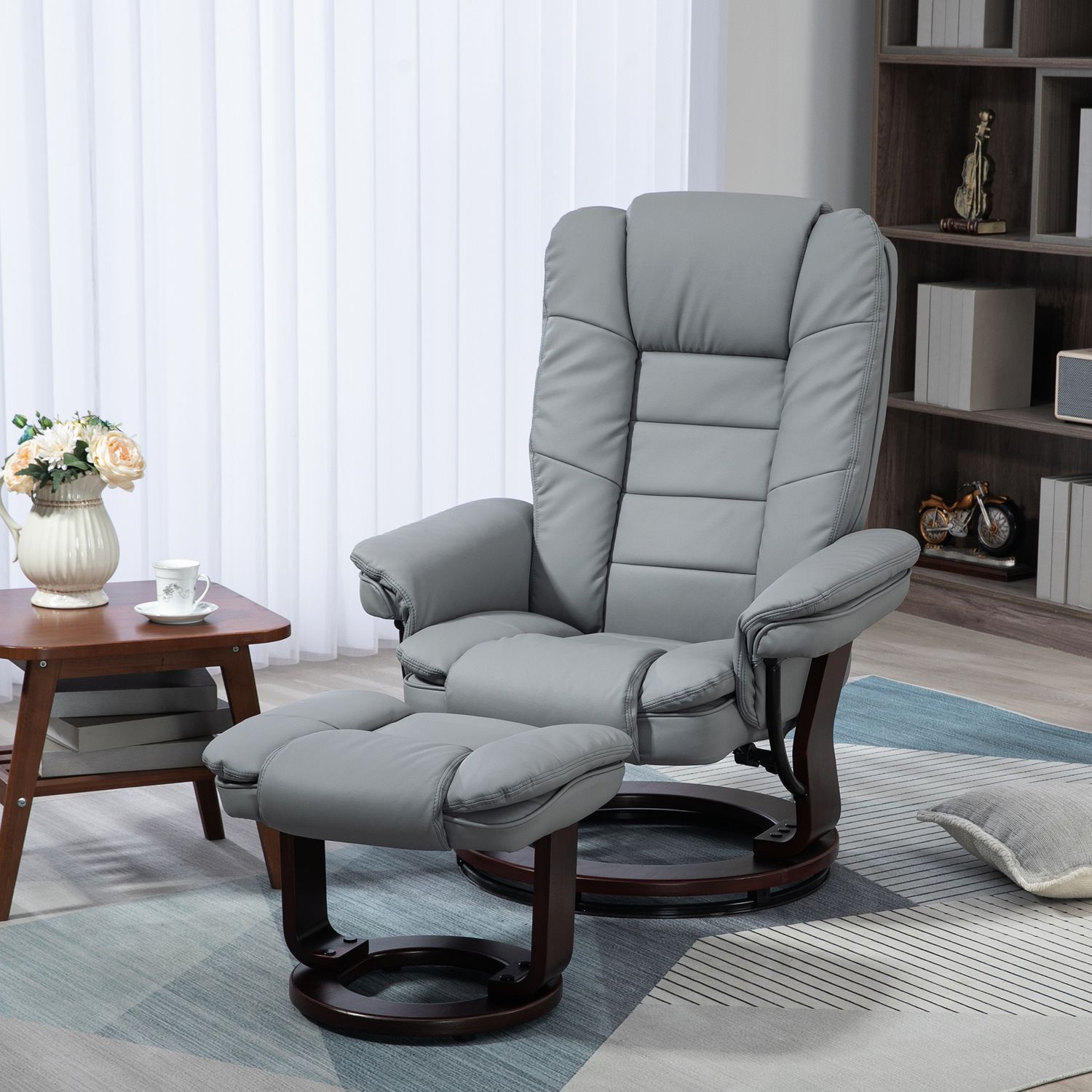 Grauer Relaxsessel mit Hocker, 360° drehbar, Kunstleder