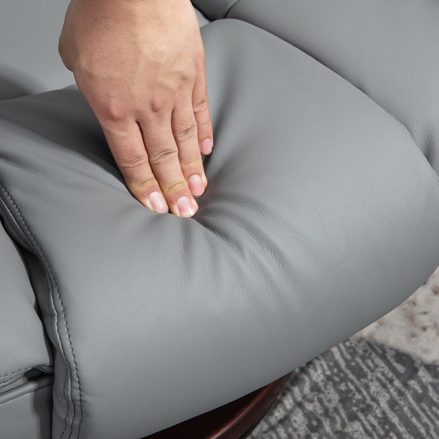 Grauer Relaxsessel mit Hocker, 360° drehbar, Kunstleder