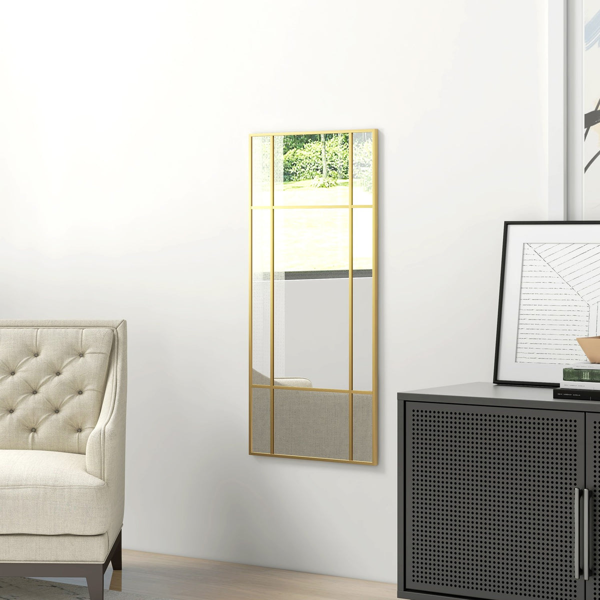 Gouden rechthoekige wandspiegel, 110 x 50 cm metalen frame