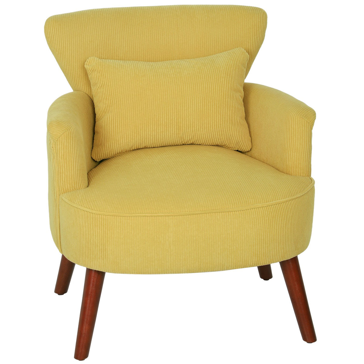 Gele fauteuil met kussen, poten van rubberhout, gestoffeerd