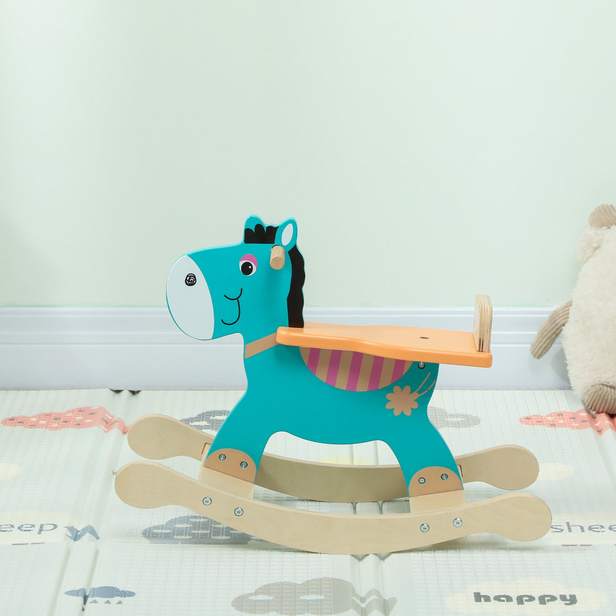 Schommelende ezel, babyspeelgoed met handvat, 59 x 27 x 43 cm, blauwgroen