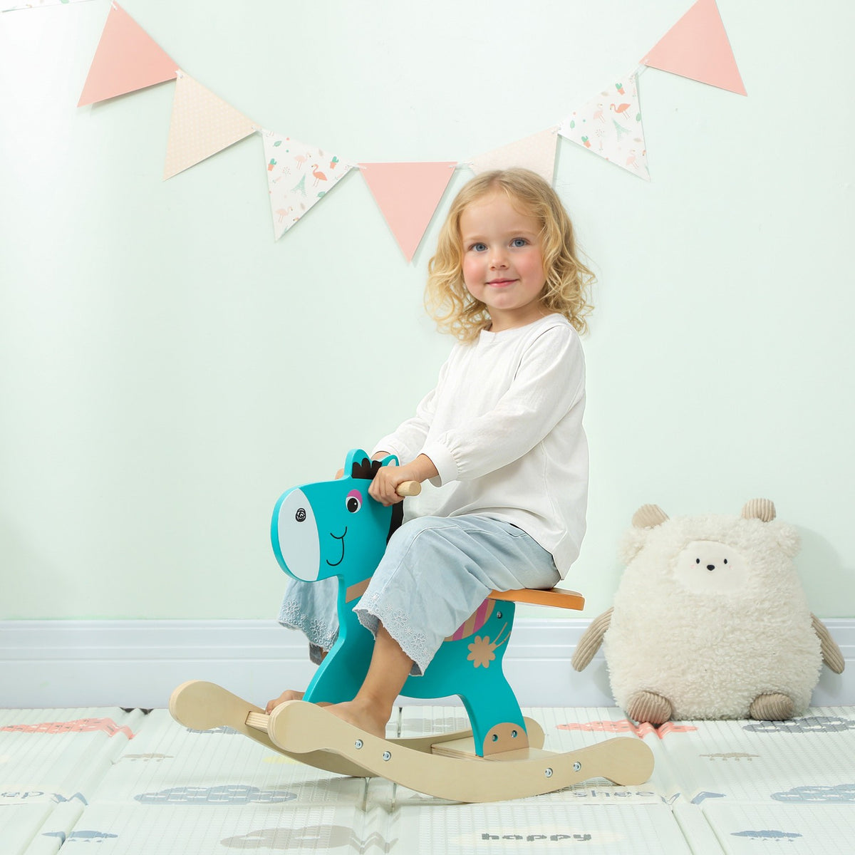 Schommelende ezel, babyspeelgoed met handvat, 59 x 27 x 43 cm, blauwgroen
