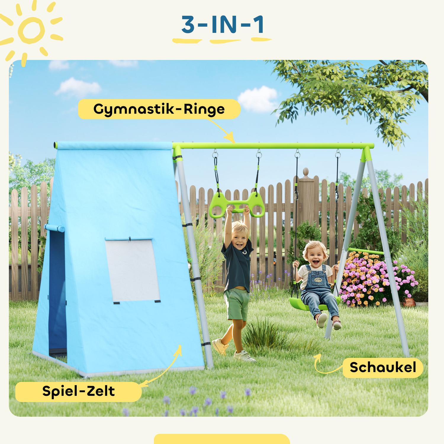 Schaukelgestell Outdoor mit Zelt, Schaukel & Ringen - grün