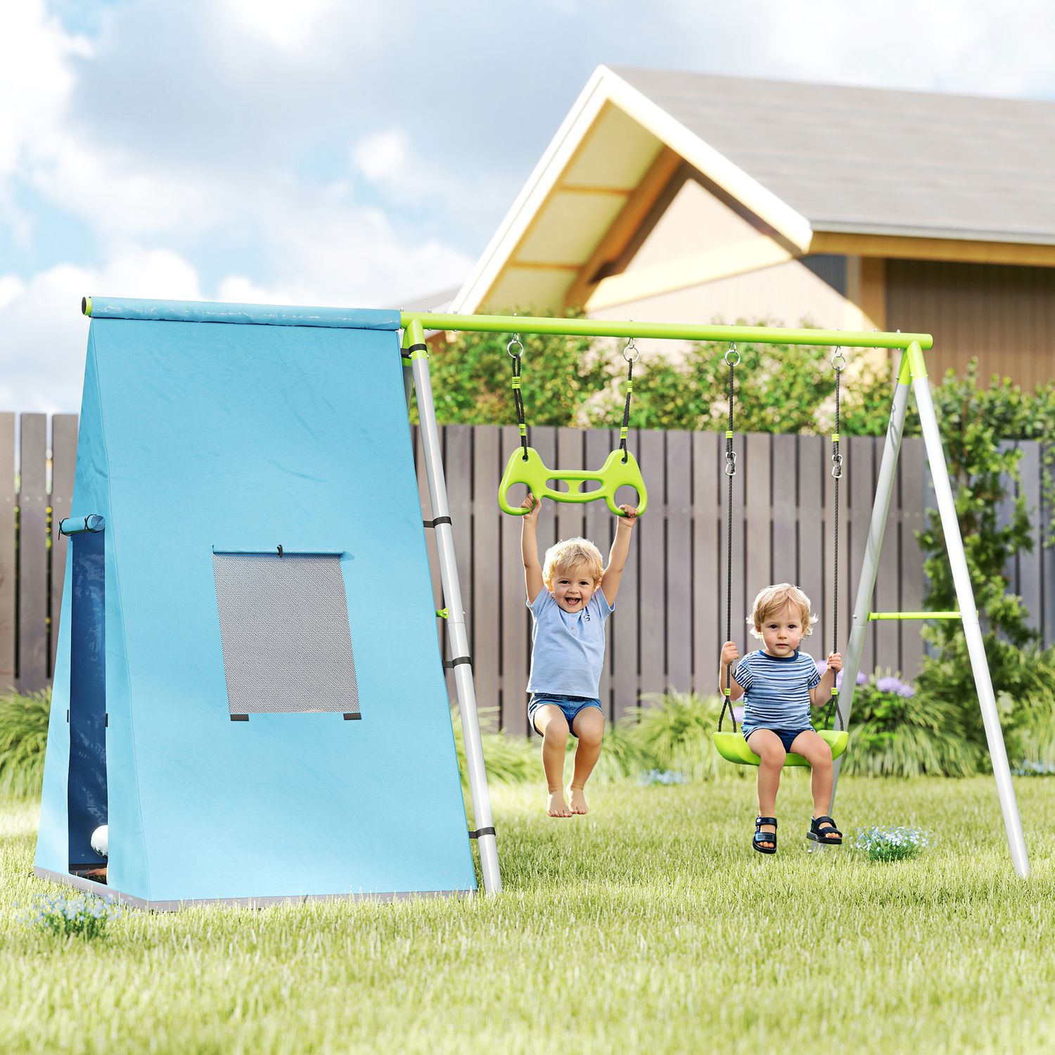 Schaukelgestell Outdoor mit Zelt, Schaukel & Ringen - grün