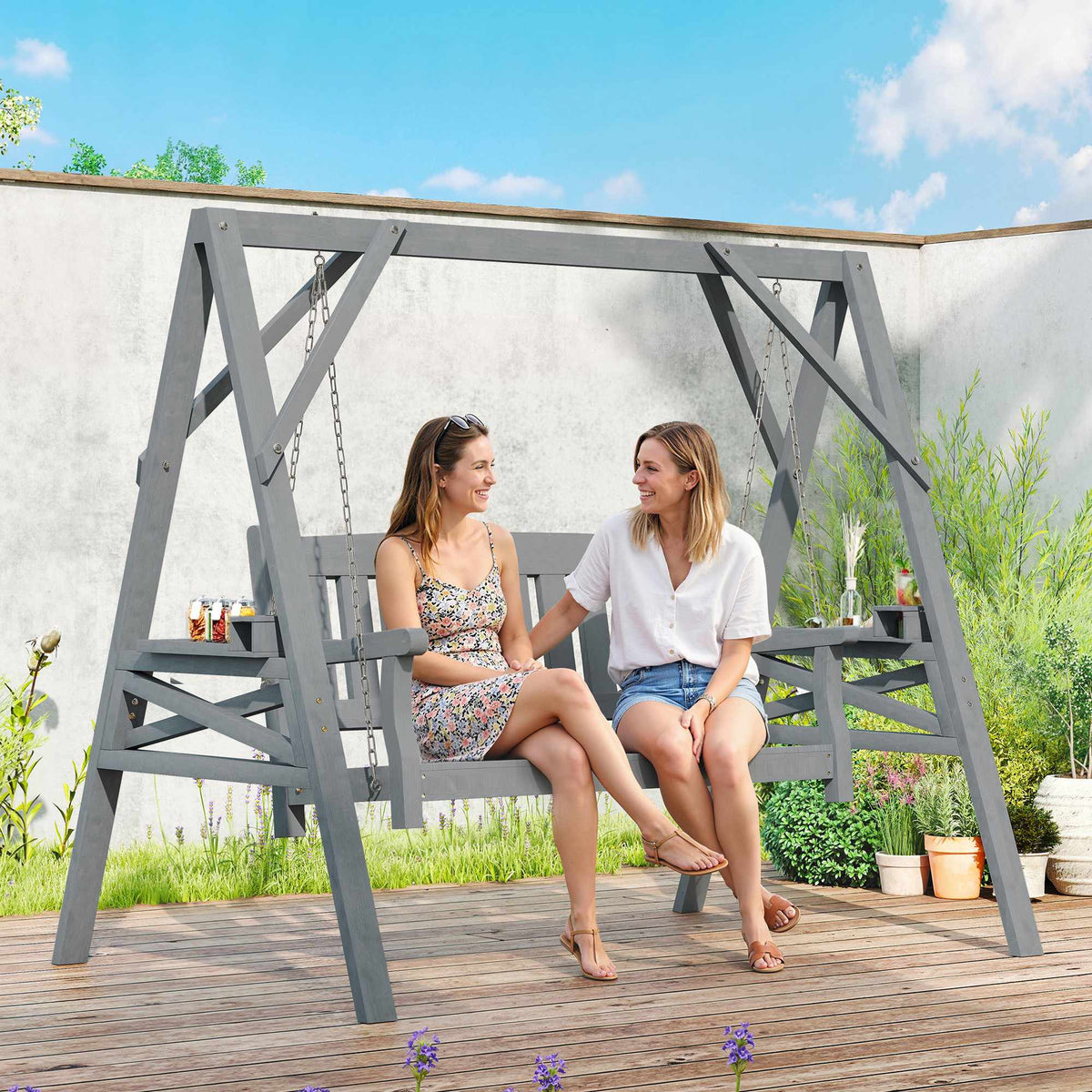 Houten schommelstoel voor 2 personen, ergonomisch, grijs, draagvermogen van 250 kg
