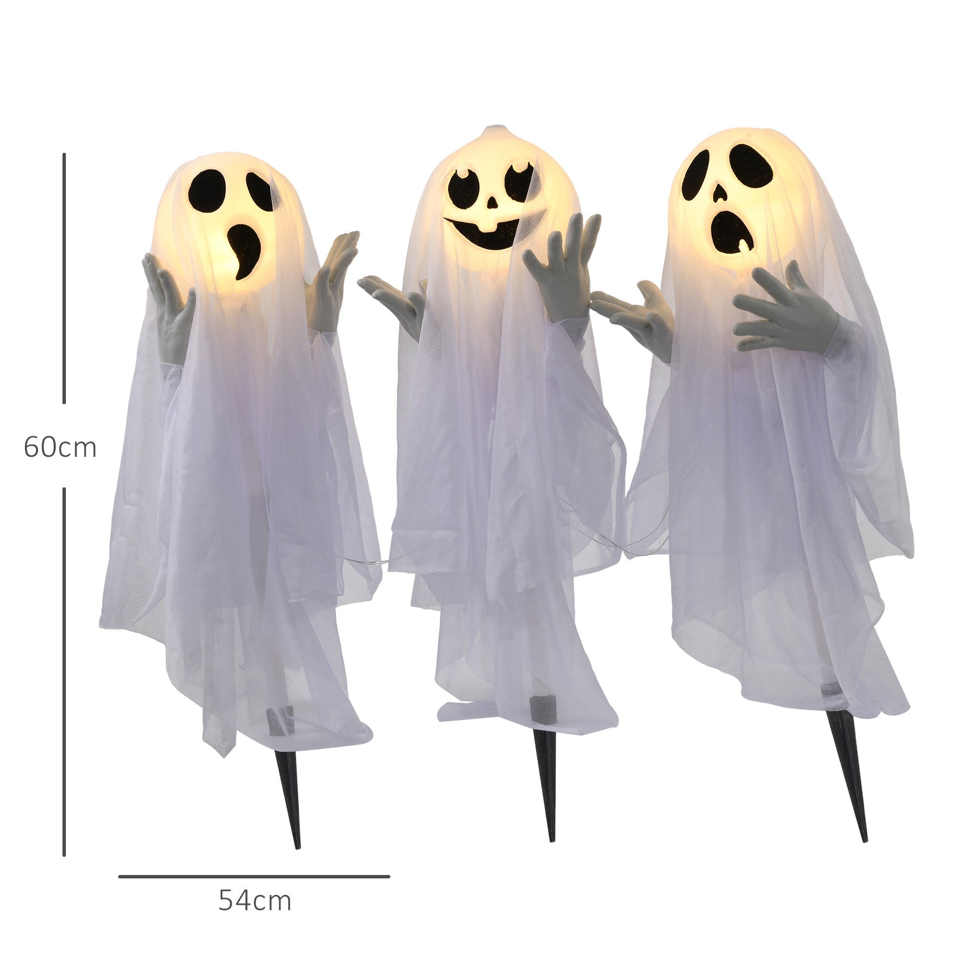 Halloweendekoration – 3 lysande spöken, rörelsesensor, 54x10x60 cm