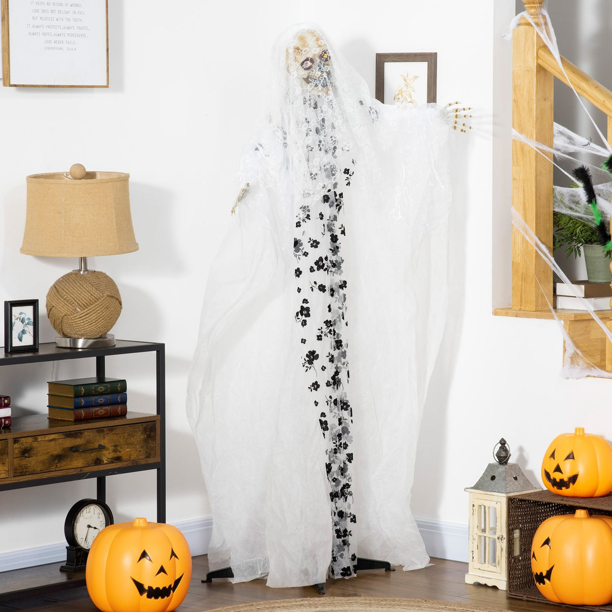 Halloween hangende spookbruidskelet, 175 cm, gloeiende ogen