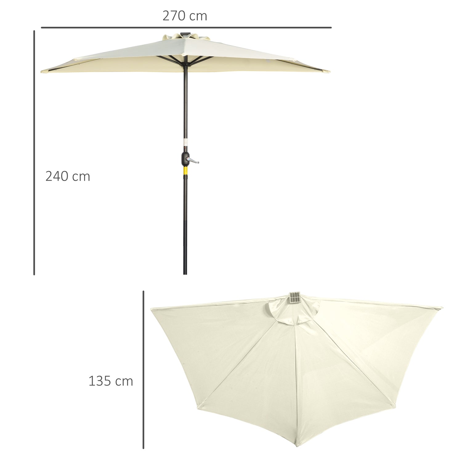 Halve parasol met LED-verlichting, handslinger, zonnepaneel, beige