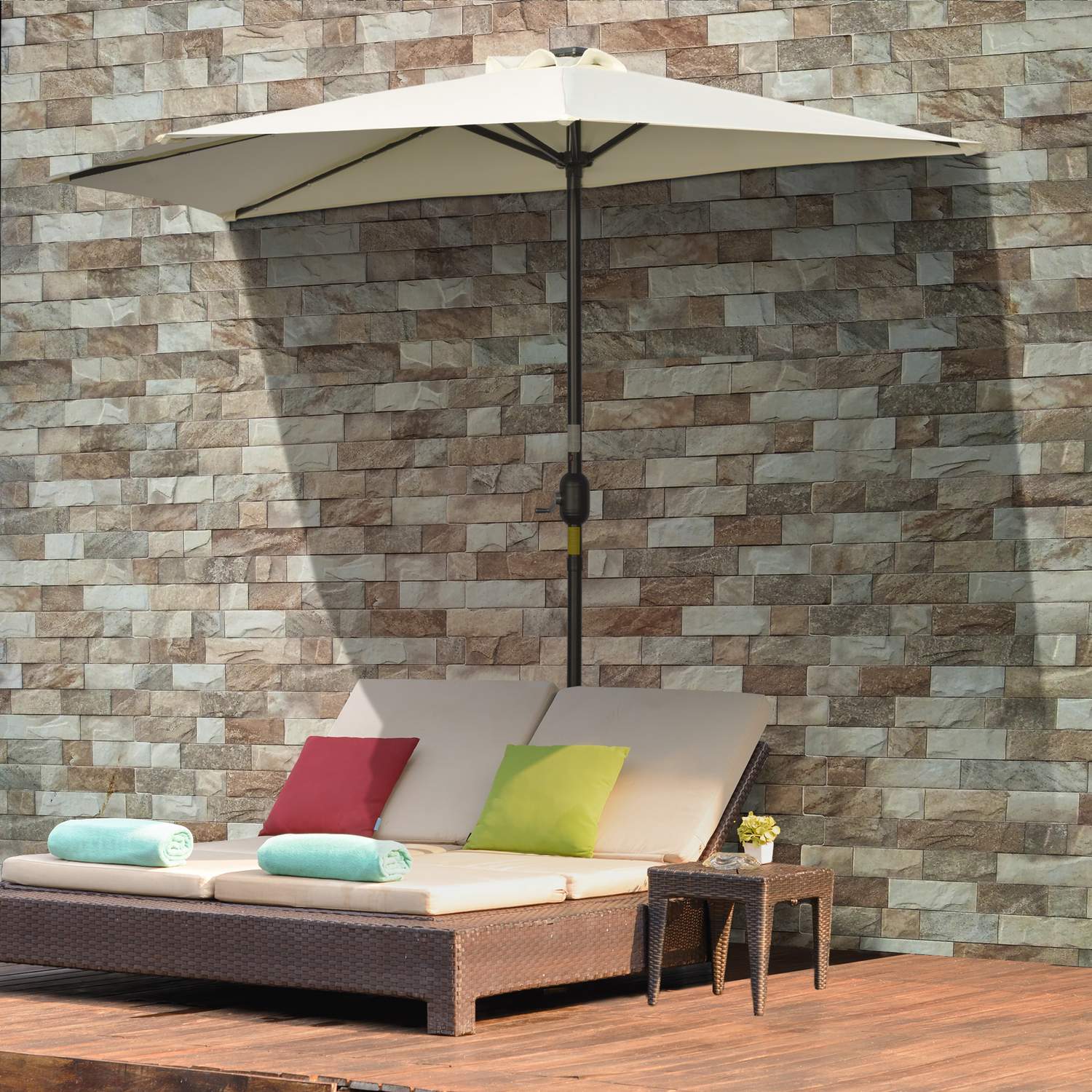 Halve parasol met LED-verlichting, handslinger, zonnepaneel, beige