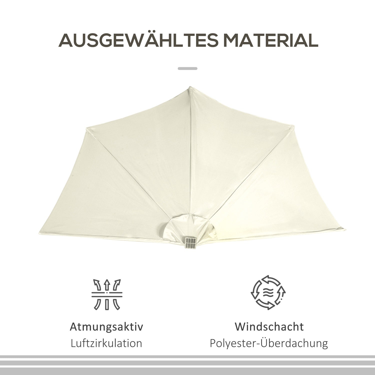 Halve parasol met LED-verlichting, handslinger, zonnepaneel, beige