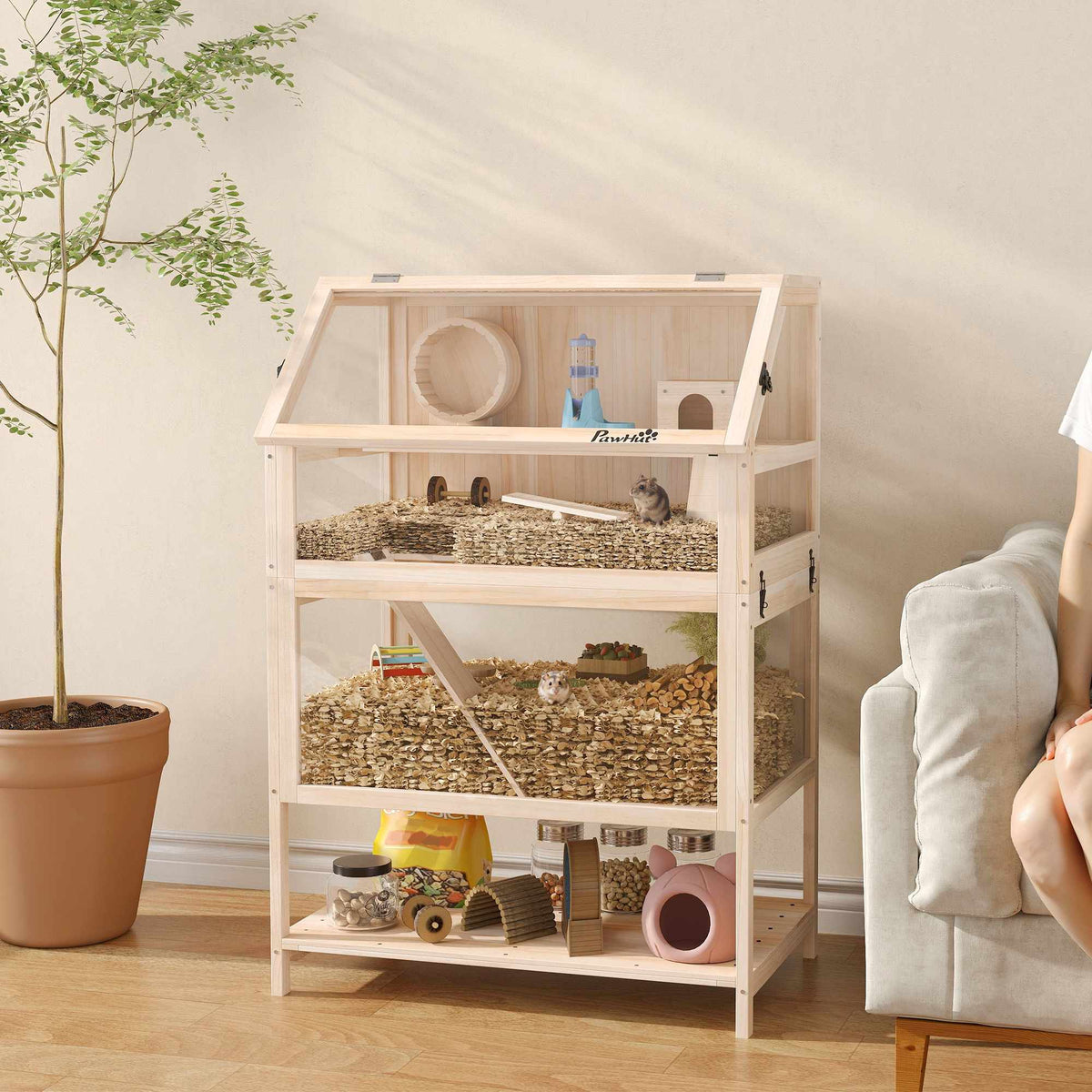 Hamsterkooi met 3 niveaus, accessoires, gemakkelijk schoon te maken
