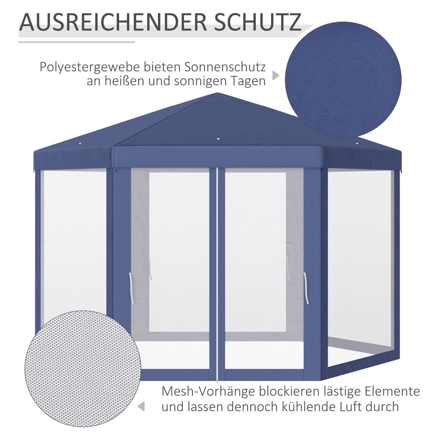 Zeshoekig tuinpaviljoen met klamboe – blauw, 195x250x250 cm