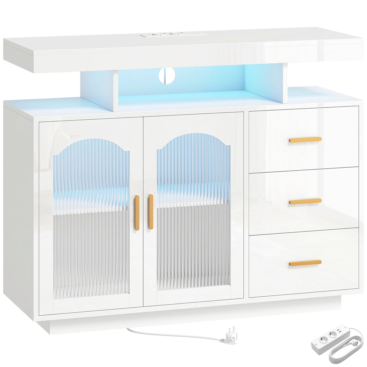 Hoogglans wit dressoir met ledverlichting, stopcontacten en 3 laden