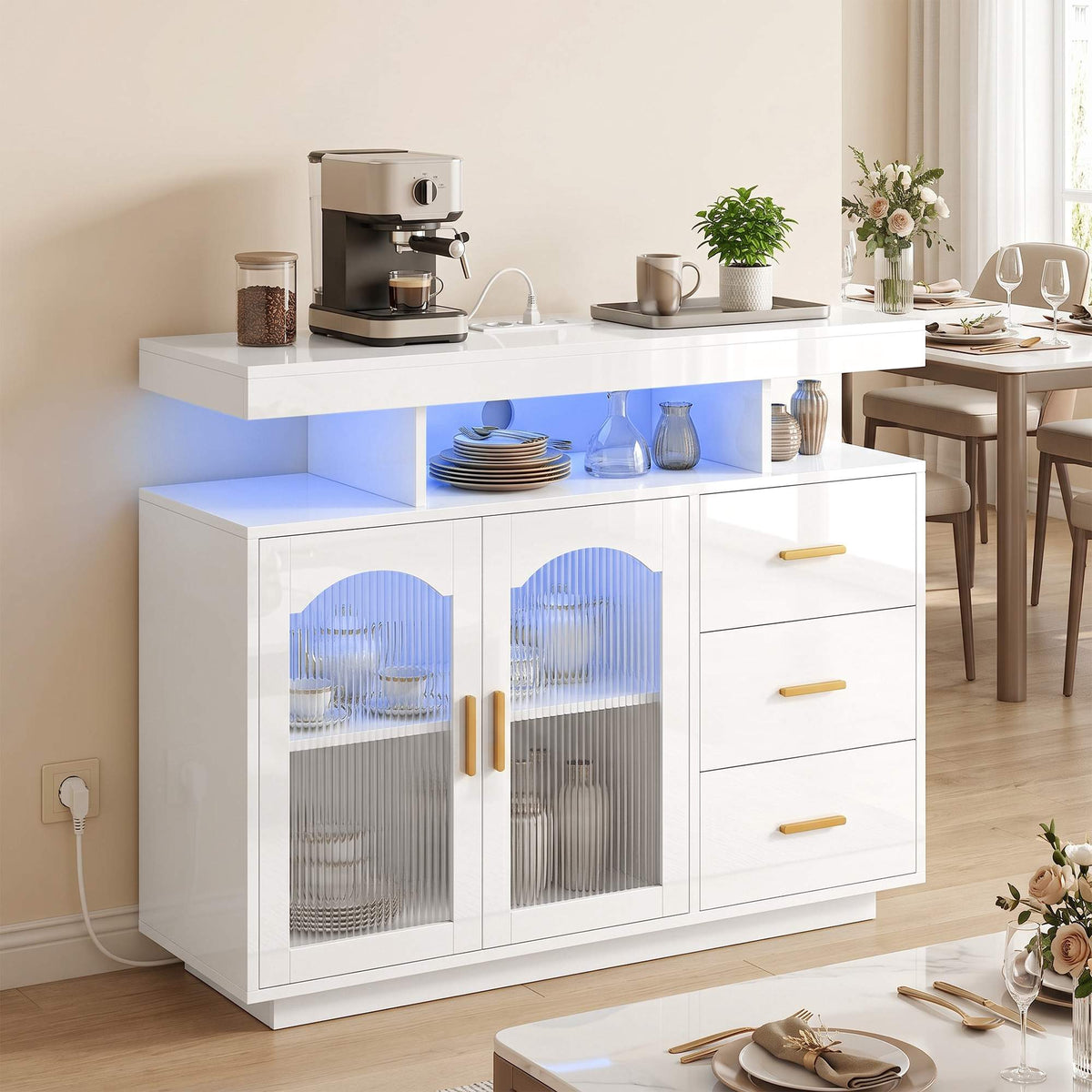 Hoogglans wit dressoir met ledverlichting, stopcontacten en 3 laden