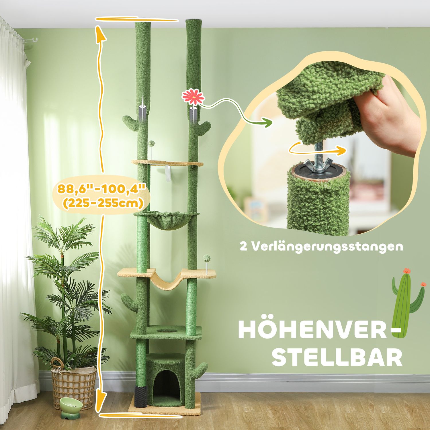 Hoge krabpaal van 225-255 cm met grot & mand - groen