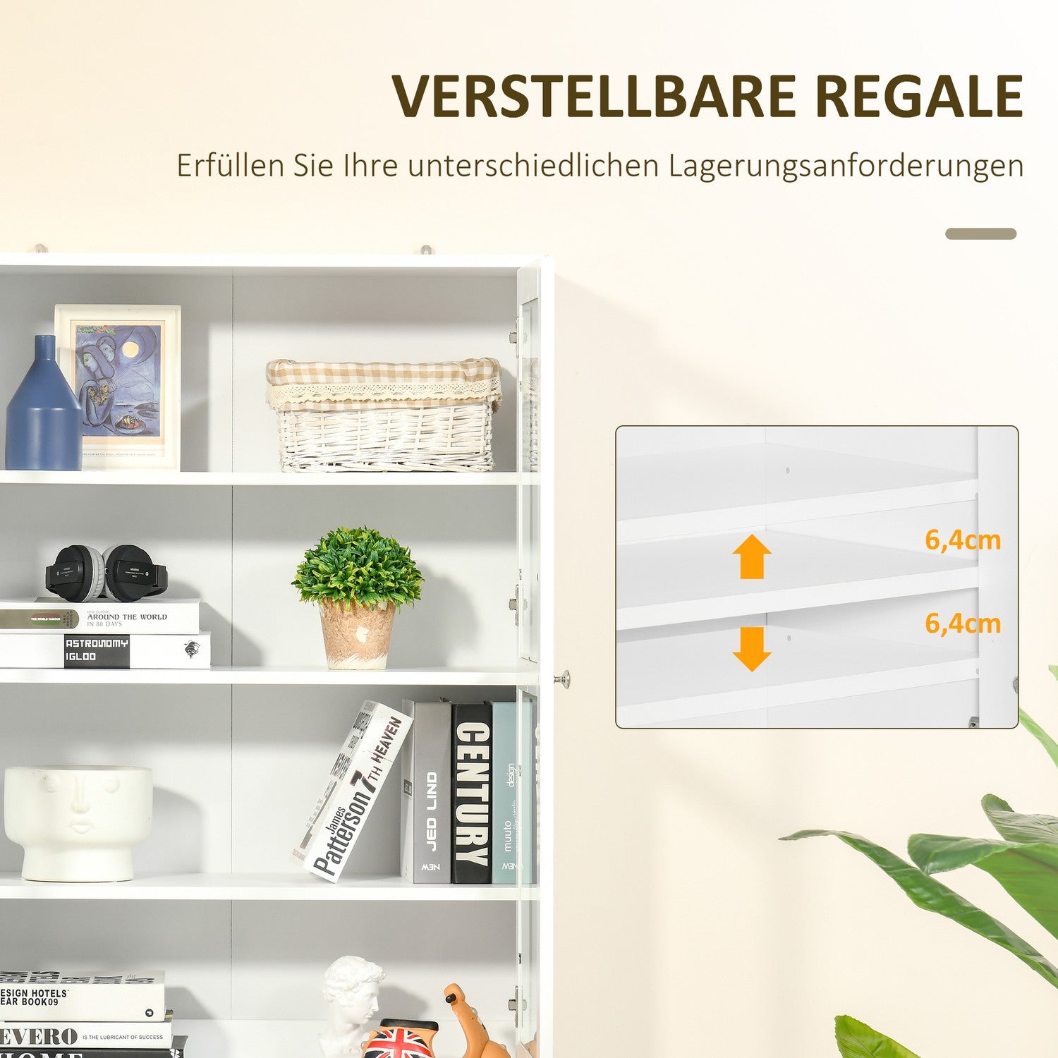 Hohes weisses Bücherregal, Glastür, 6 Fächer