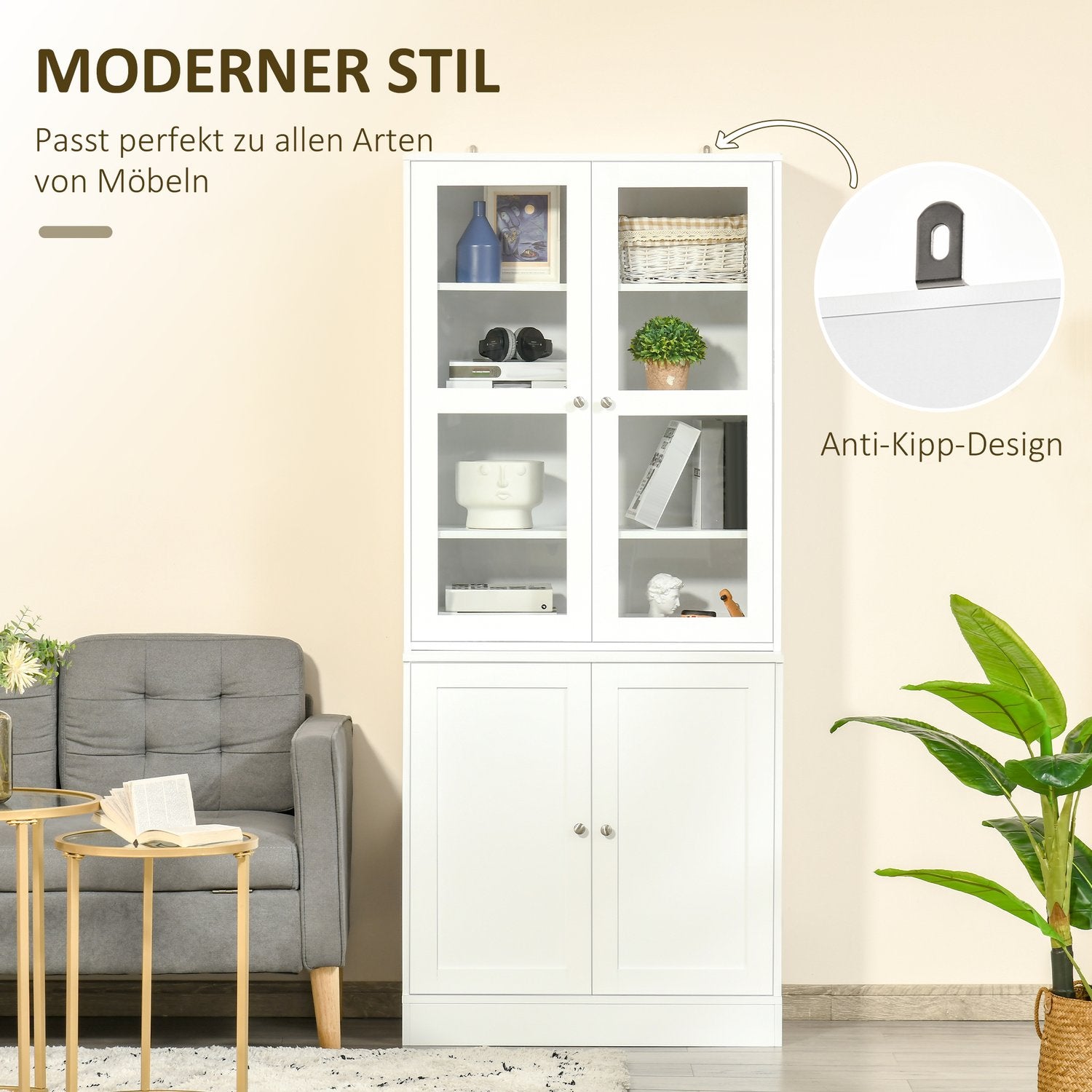 Hohes weisses Bücherregal, Glastür, 6 Fächer