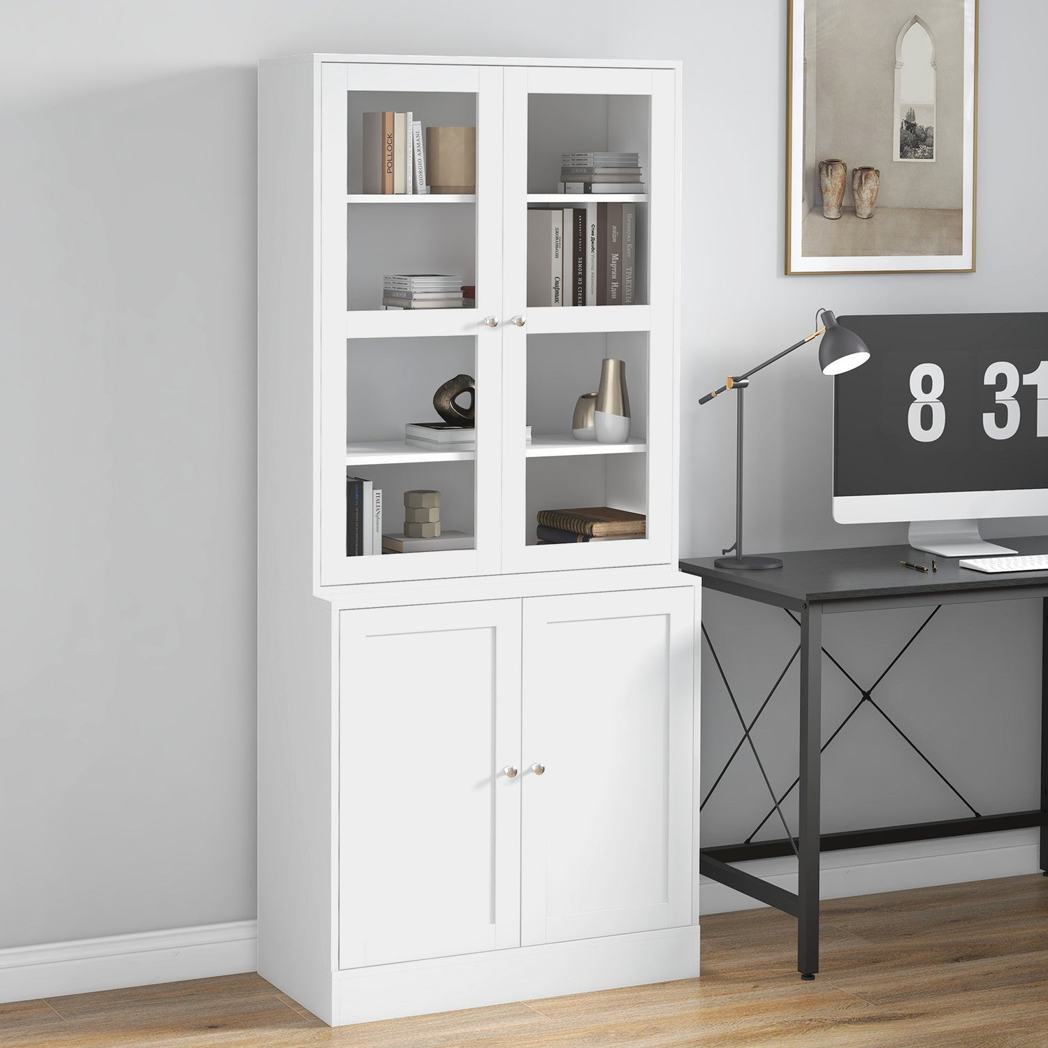 Hohes weisses Bücherregal, Glastür, 6 Fächer