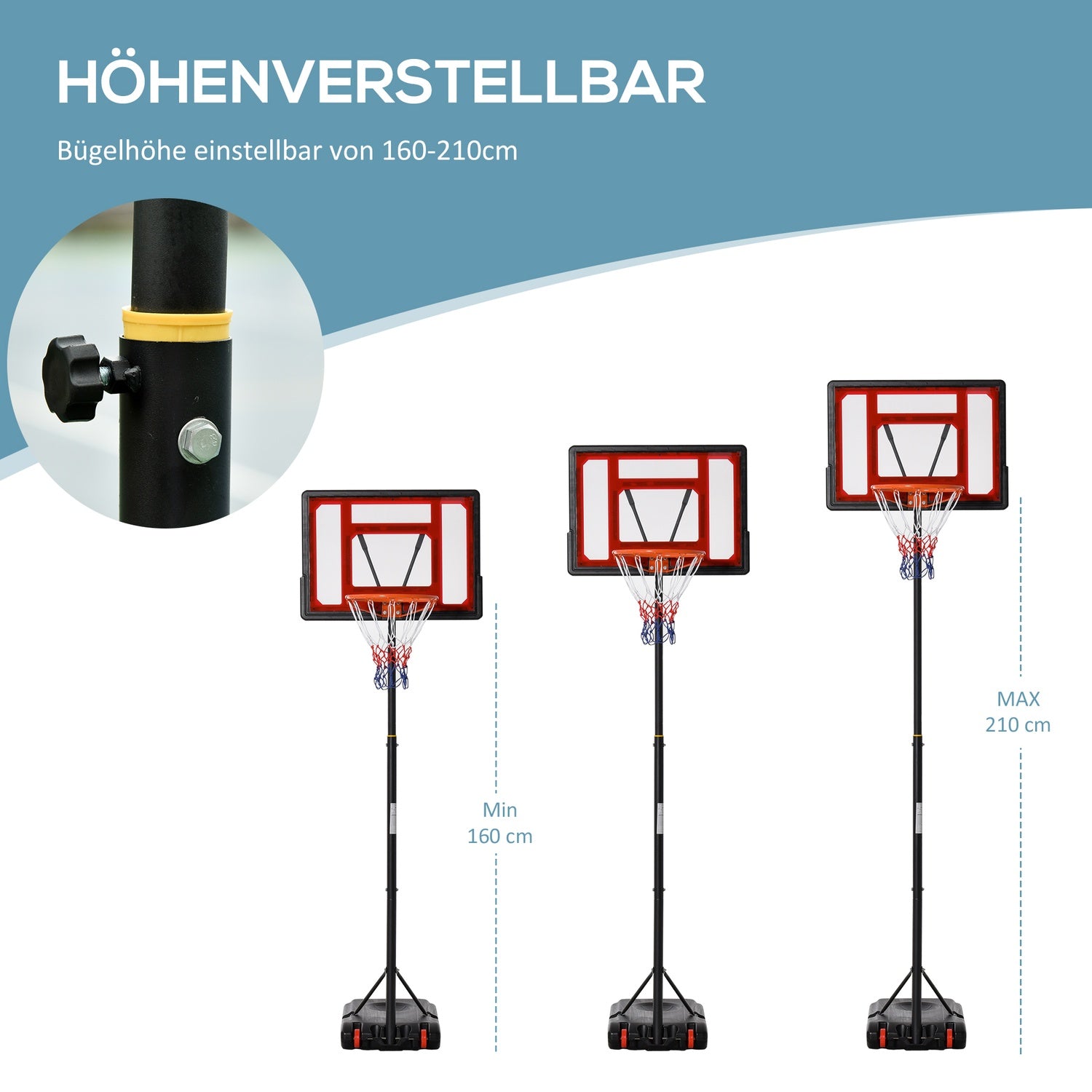 In hoogte verstelbare basketbalring met wielen voor tieners