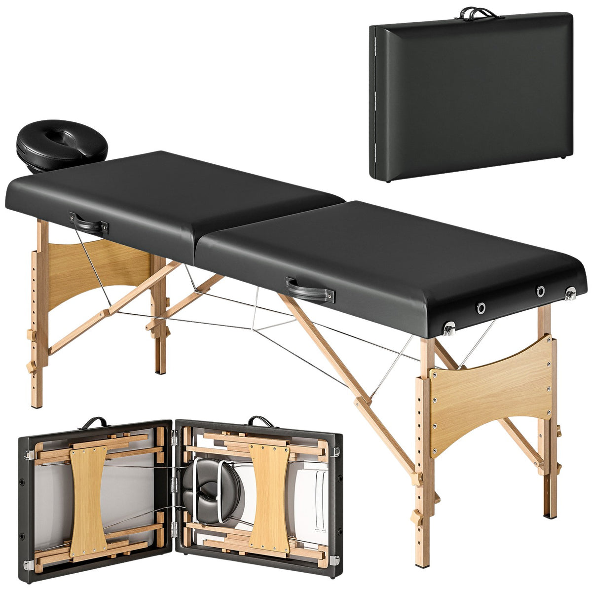 In hoogte verstelbare massagetafel, houten frame, inklapbare massagetafel, schuimvulling, zwart