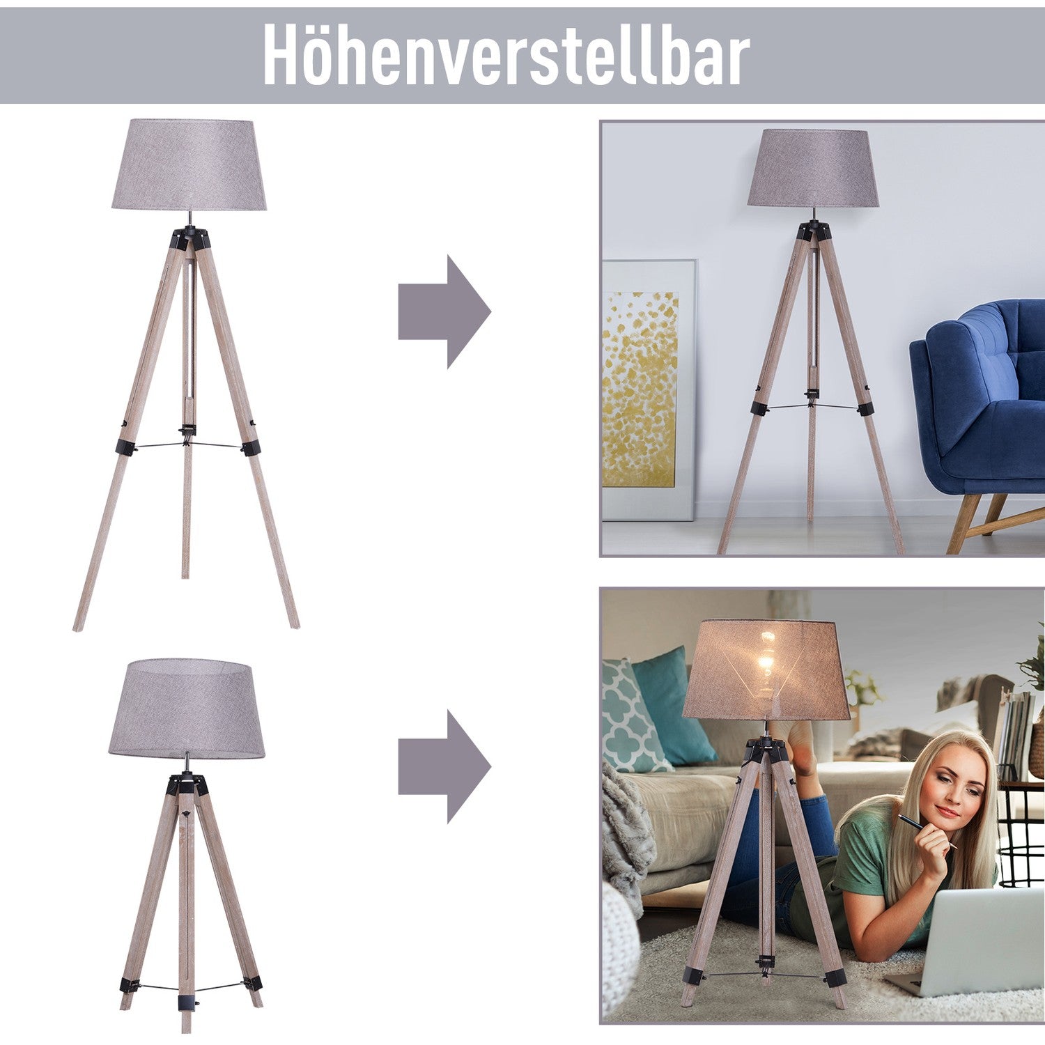 In hoogte verstelbare driepoots vloerlamp, hout & linnen, Scandinavisch design
