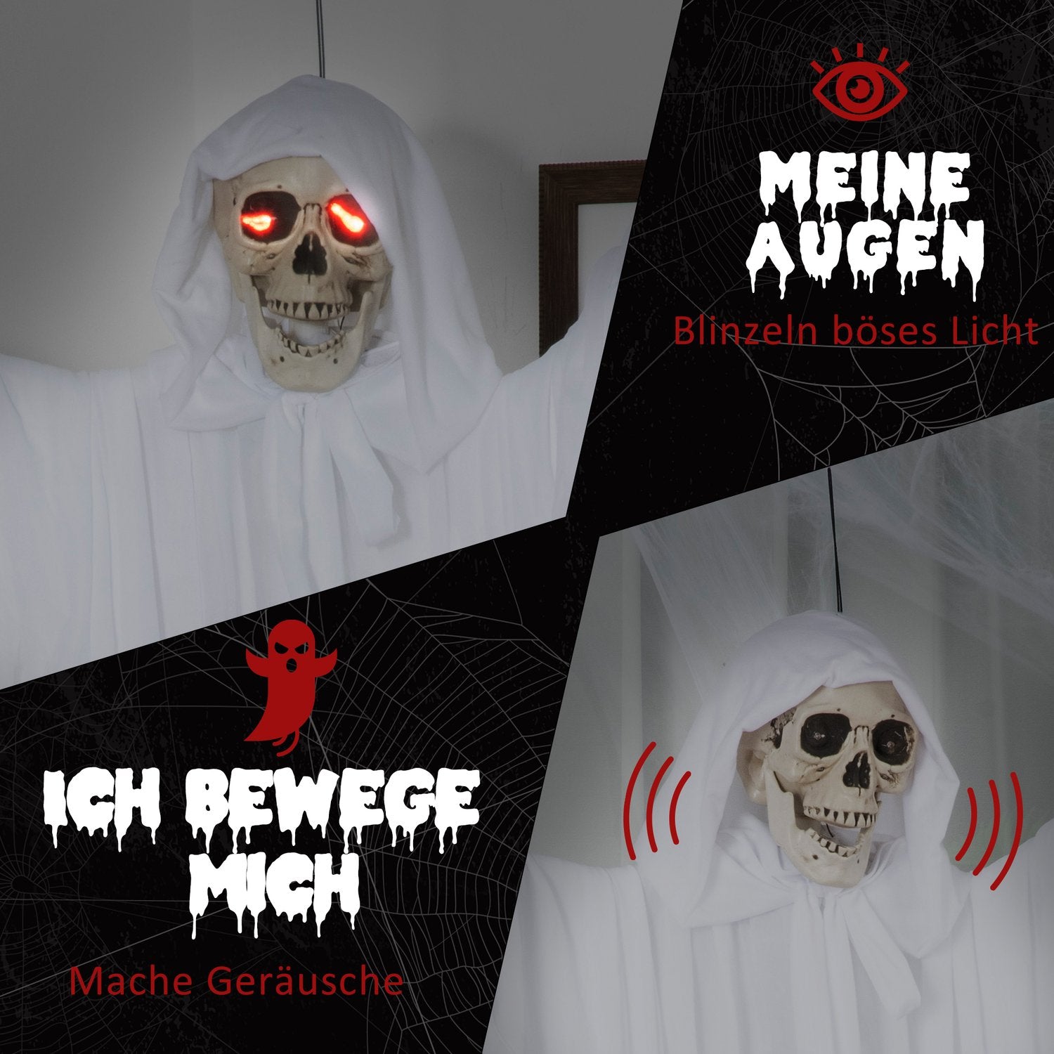 Glow-in-the-dark hangend skelet met geluid, 153 cm