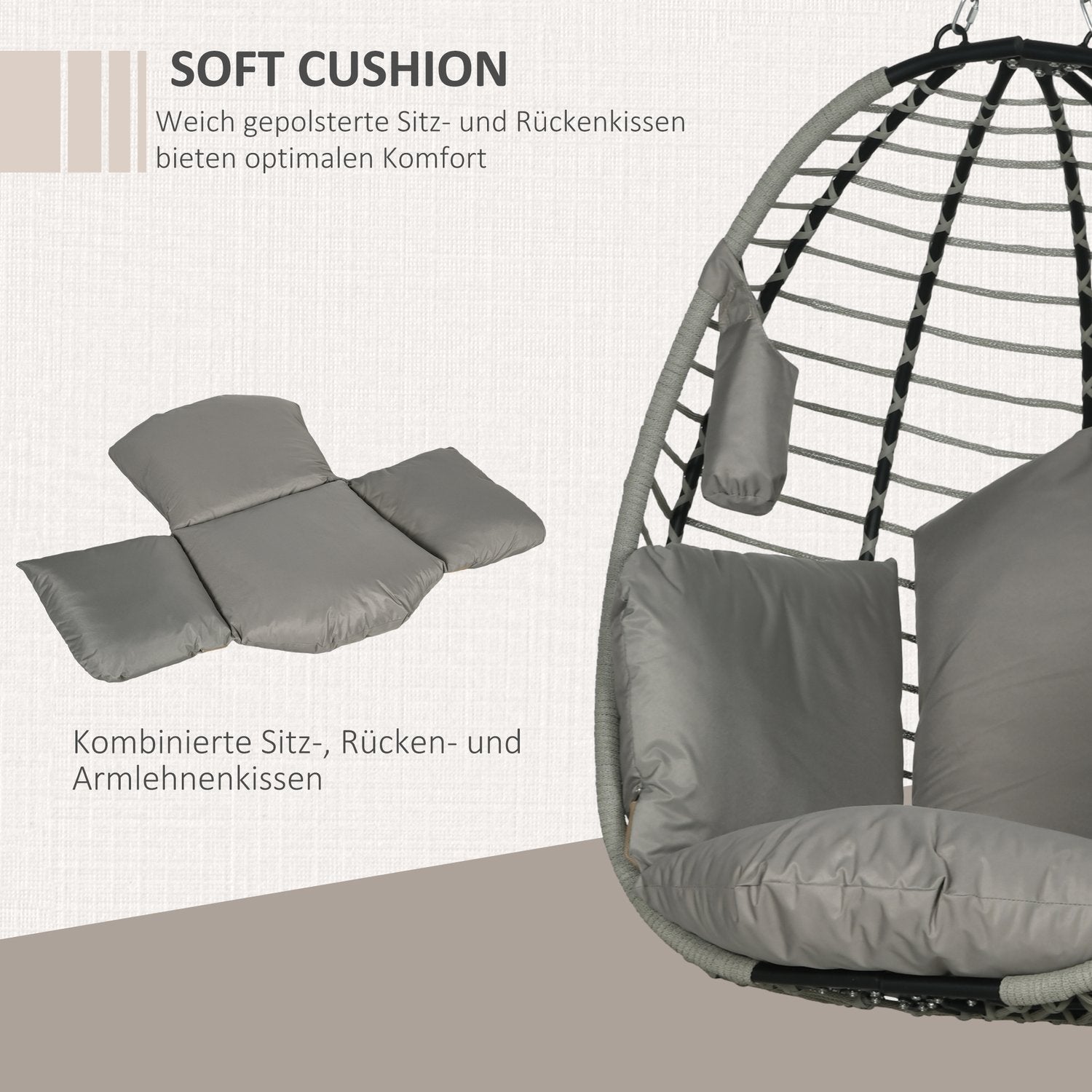 Hangende schommelstoel met kussen – 120 kg capaciteit, staalgrijs