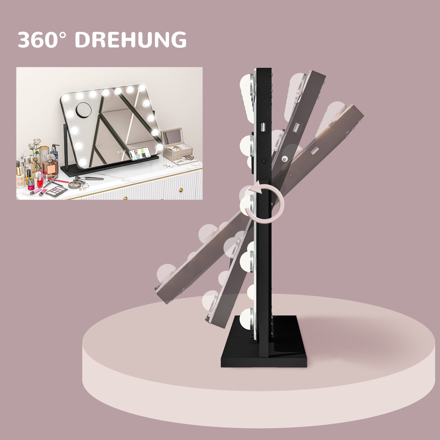 Hollywood make-upspiegel met verlichting, 15 LED's, zwart, 3 standen