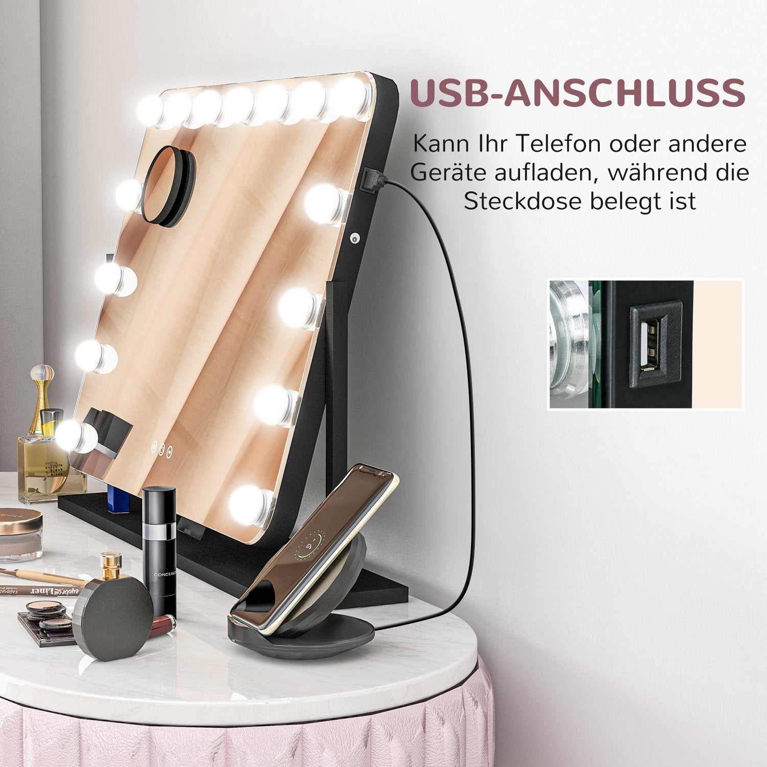 Hollywood make-upspiegel met verlichting, 15 LED's, zwart, 3 standen