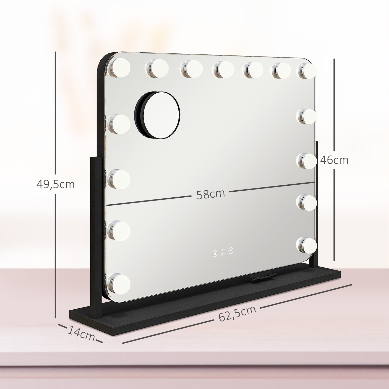 Hollywood make-upspiegel met verlichting, 15 LED's, zwart, 3 standen